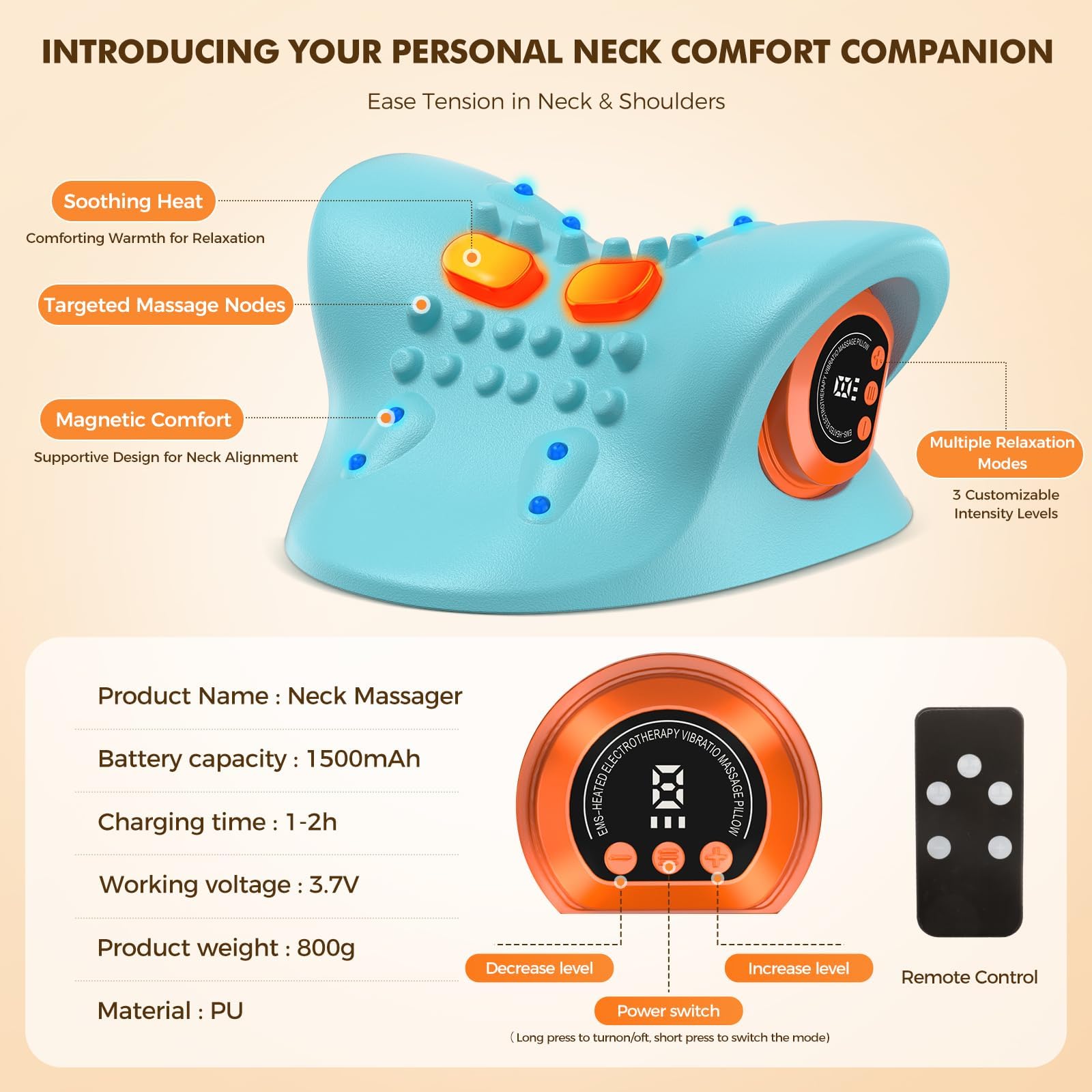 Appareil De Massage Cervical, Appareil De Massage Electrique Chauffant Portable Pour Le Cou Avec Télécommande, Masseur Cervical, Idéal Pour Les Voyages Et Les Employés De Bureau