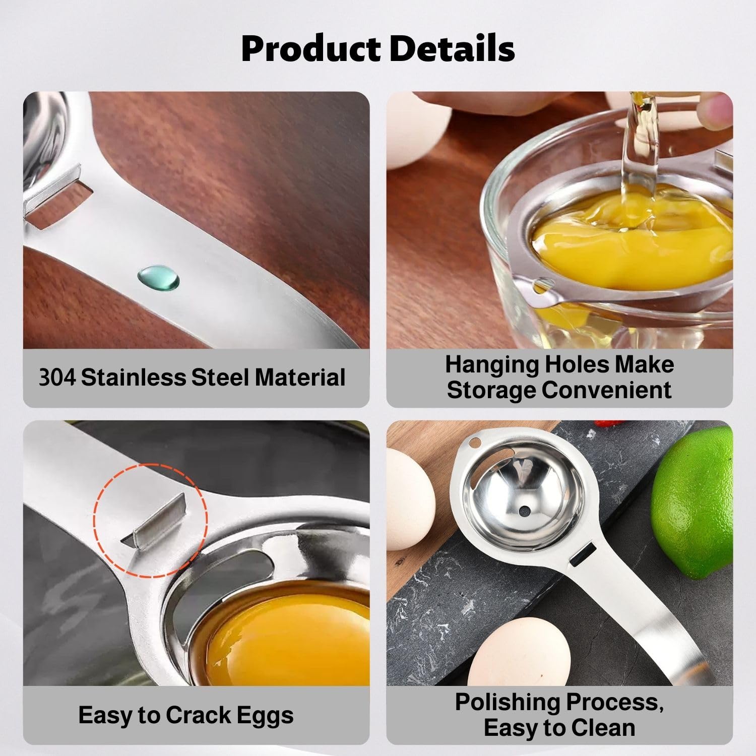 Separador de huevos de acero inoxidable con mango alargado, separador de yemas y proteínas para una separación precisa, prácticos accesorios de cocina y horneado para cocinar y hornear