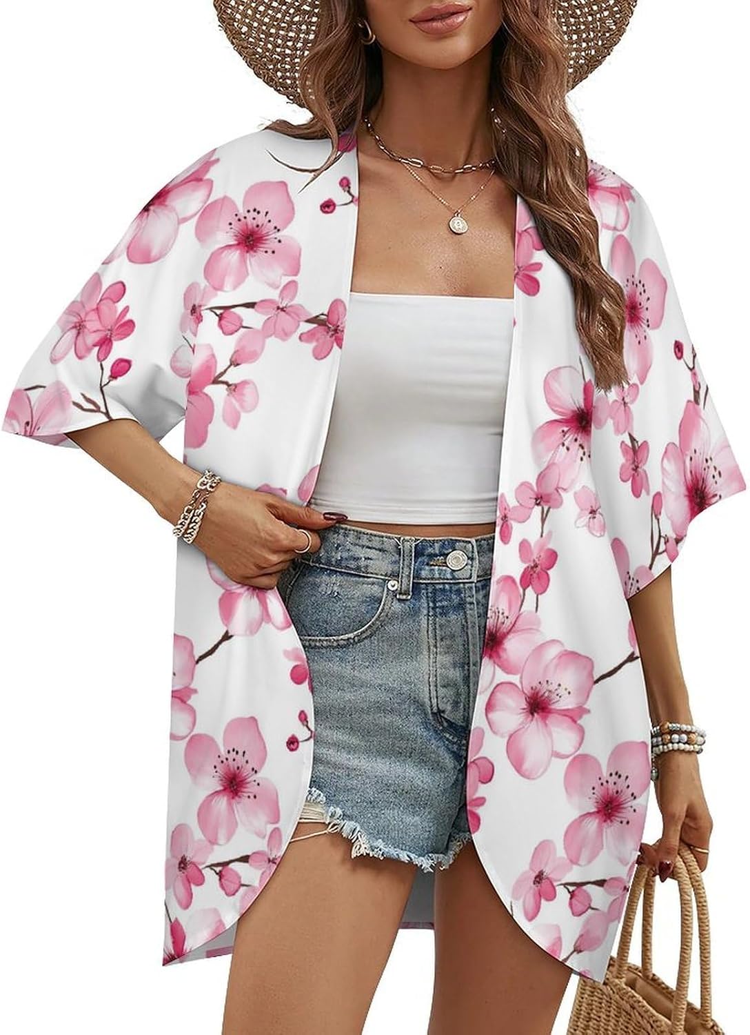 Cherryflowers Floral Women's Open Front Cardigan Short Sleeves Jacket Lightweight Sweaters Tops