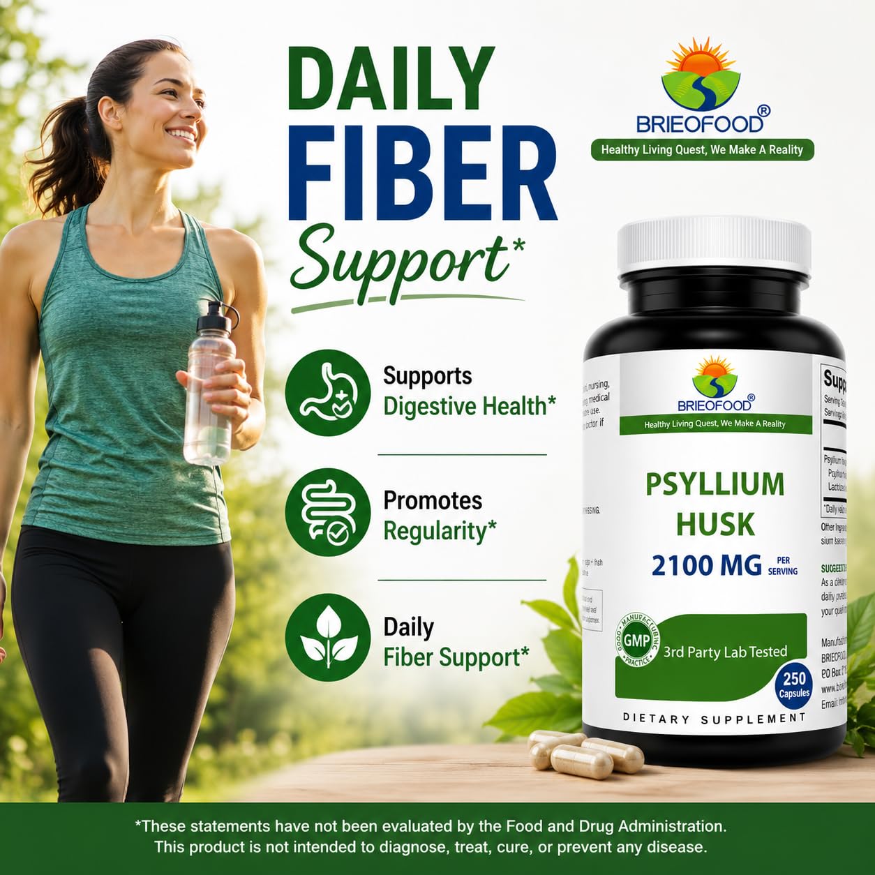 Brieofood Psyllium Husk Fiber Supplement with Lactobaciilus Acidophillus (La-14) - 2100mg per Serving - 250 Capsules - Helps Support Digestion, INTESTINAL Health & Regularity — Amazon image 3
