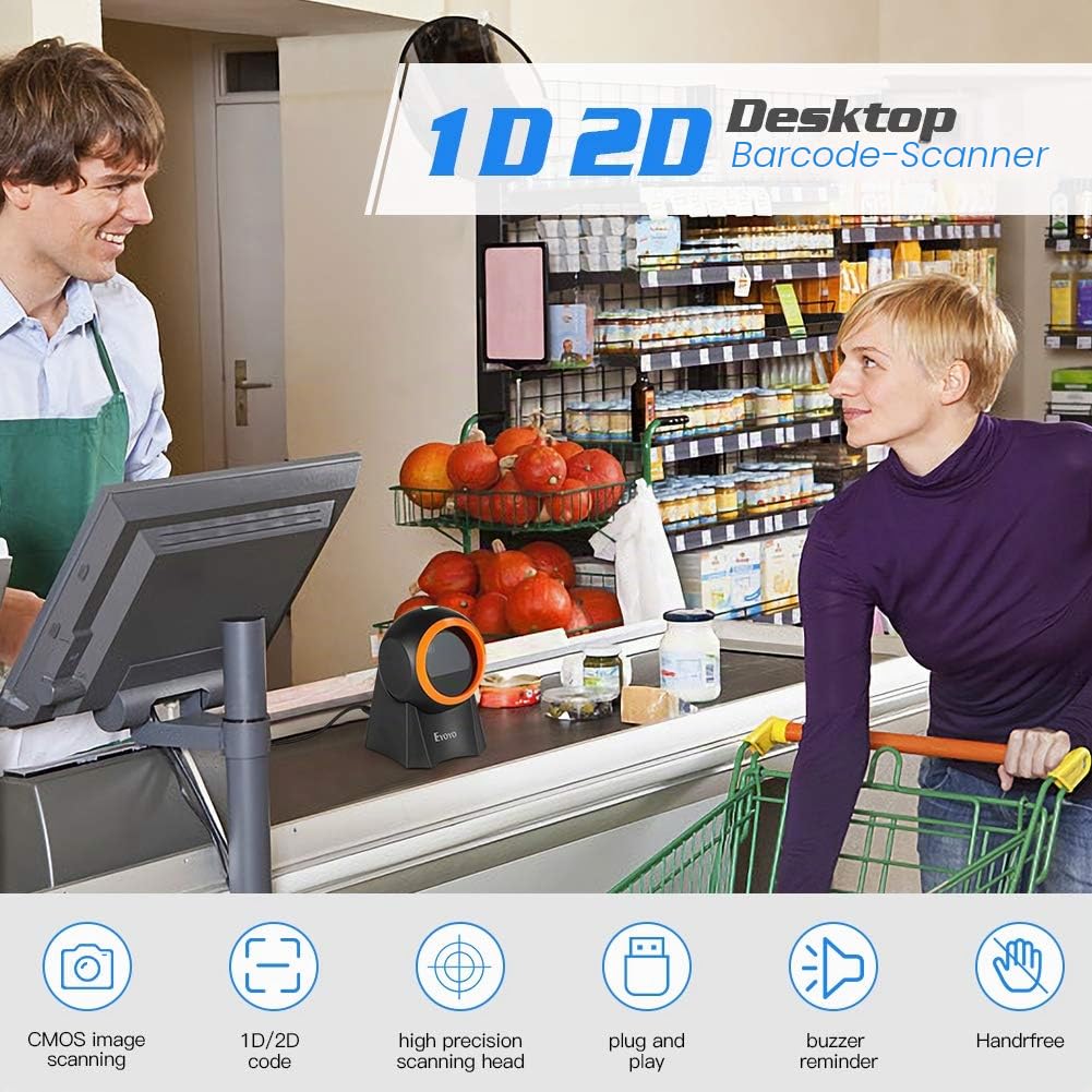 Eyoyo 1D 2D QR Desktop Barcode Scanner with Large Scan Window, Hands-Free Barcode Reader for Warehouse
