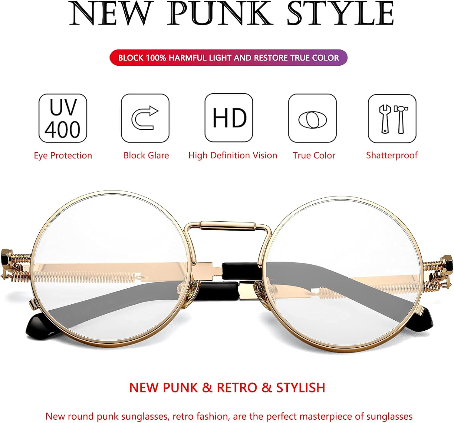 AIEYEZO Round Steampunk Sunglasses Trendy Retro Circle Glasses Gothic Metal Frame 100% UV Blocking Lens - Image 4