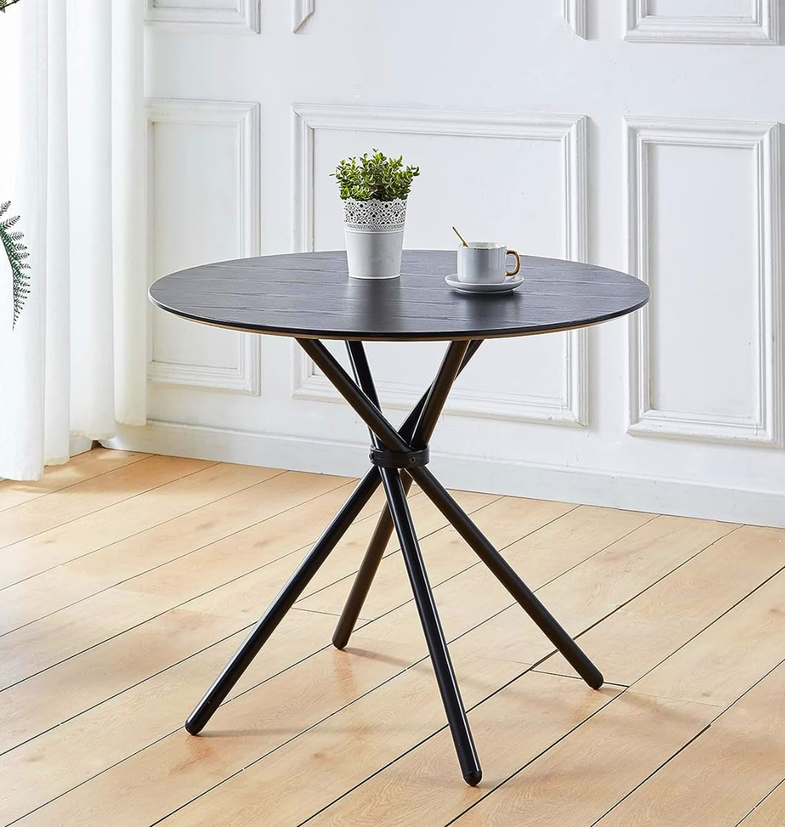 Hallowood FurnitureCullompton Small Wooden Effect Top Black Dining Table with Black Cross Metal Legs, Modern Round Table for Dining Rooms, Kitchens, or Cafés (90cm)