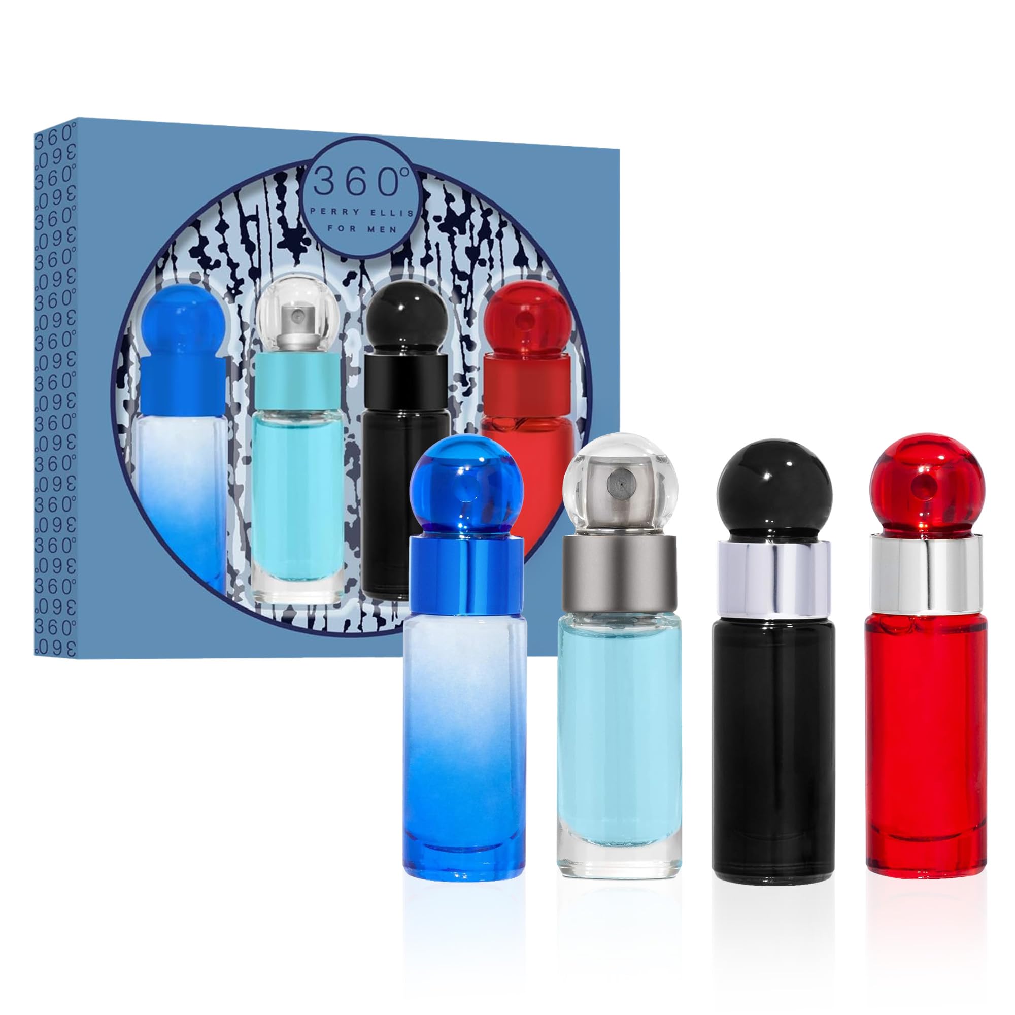 360° 4-Piece Mini Cologne Set for Men - Cologne Gift Sampler Set, Travel Size - 360° Men, Red, Very Blue, & Black - 0.25 fl oz (Pack of 4)