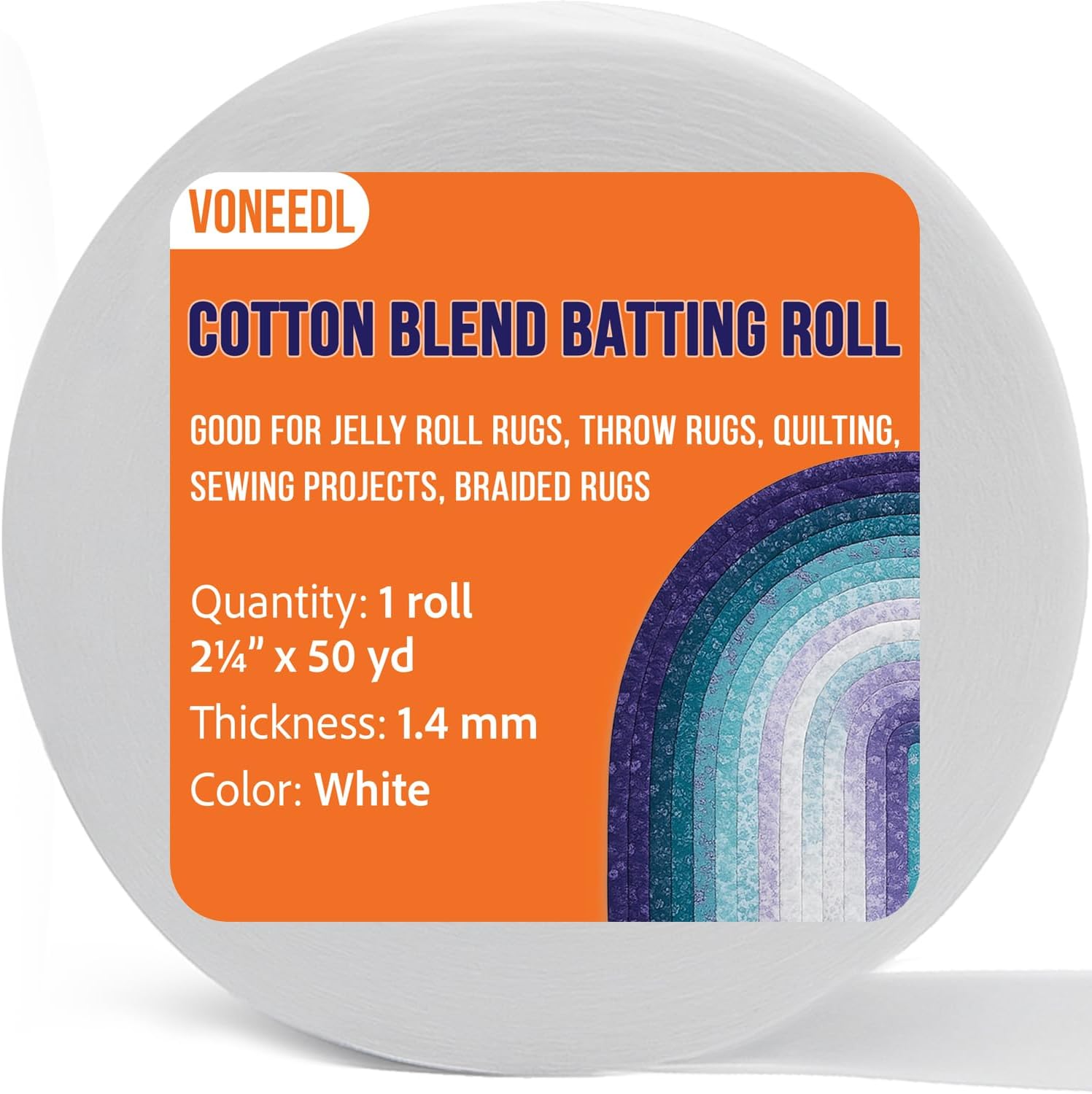 VONEEDL Jelly Roll Batting Strip – 2 1/4 Inch x 50 Yards Cotton Blend Batting Roll for Jelly Roll Rugs, Throw Rugs, Quilting, Sewing Projects, Braided Rugs, 1 Roll, 1.4mm Thick