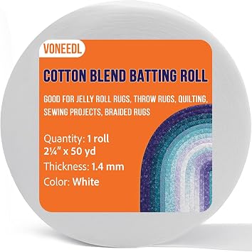 VONEEDL Jelly Roll Batting Strip 2 1/4 Inch x 50 Yards Cotton Blend Batting Roll for Jelly Roll Rugs, Throw Rugs, Quilting, Sewing Projects, Braided Rugs, 1 Roll, 1.4mm Thick