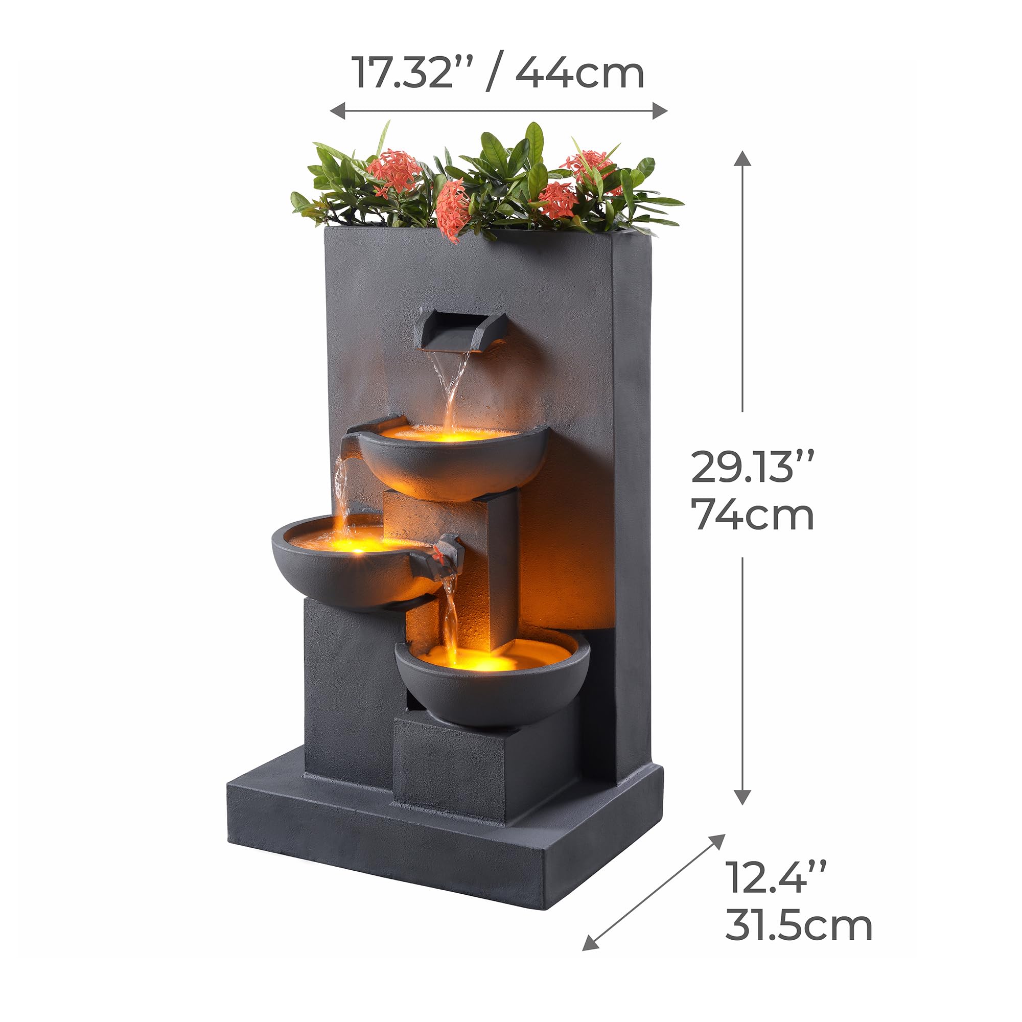 Teamson Home 74 cm 3-stufiger Kaskadierender Outdoor-Wasserbrunnen mit Pflanzgefäß, LED-Leuchten für Außenbereiche, Mattgrau