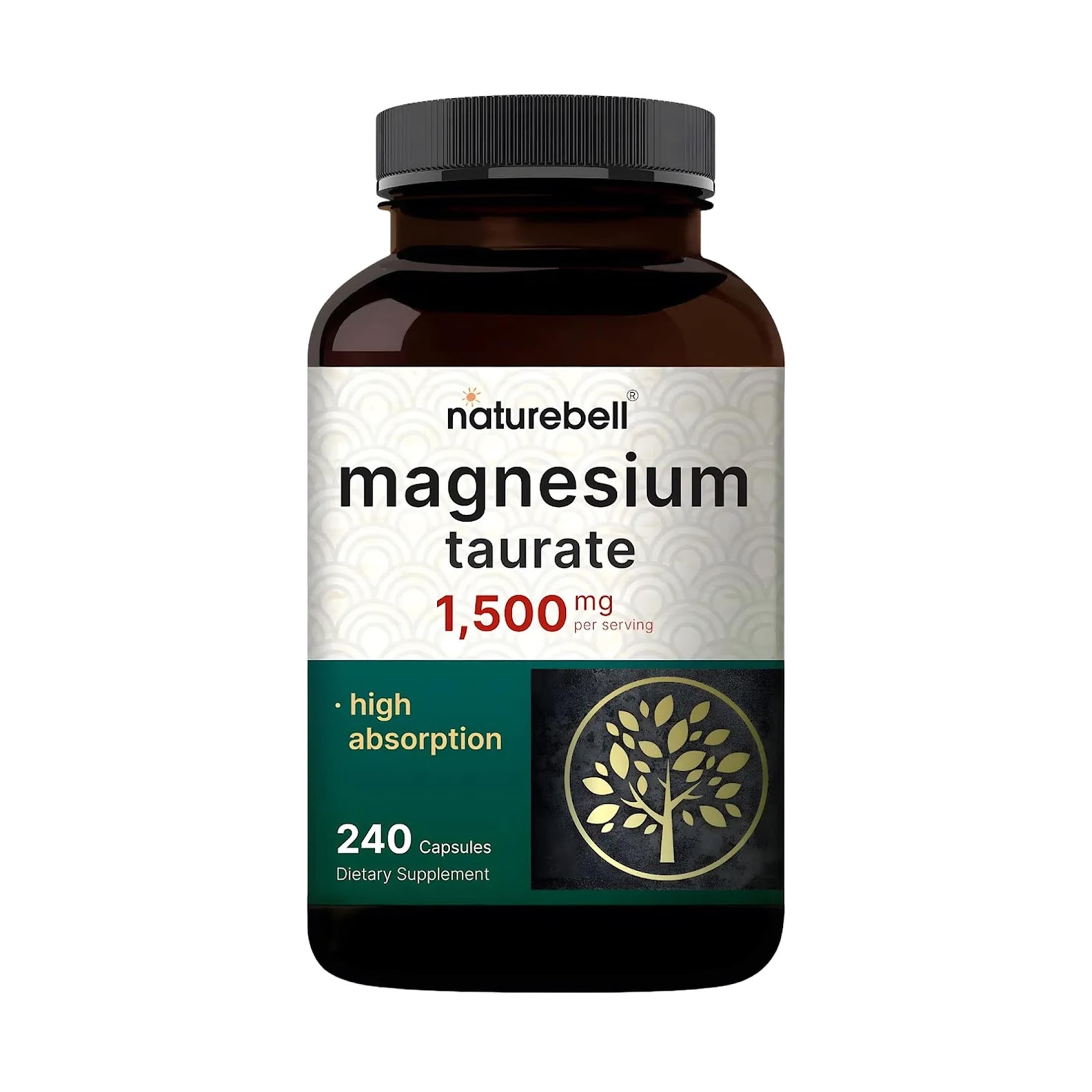 NatureBell Magnesium Taurate - 240 Capsules - 1,500mg High Absorption Chelated Formula - with Amino Acid Taurine - Heart Health, Nervous System, Muscle & Bone Health Support*