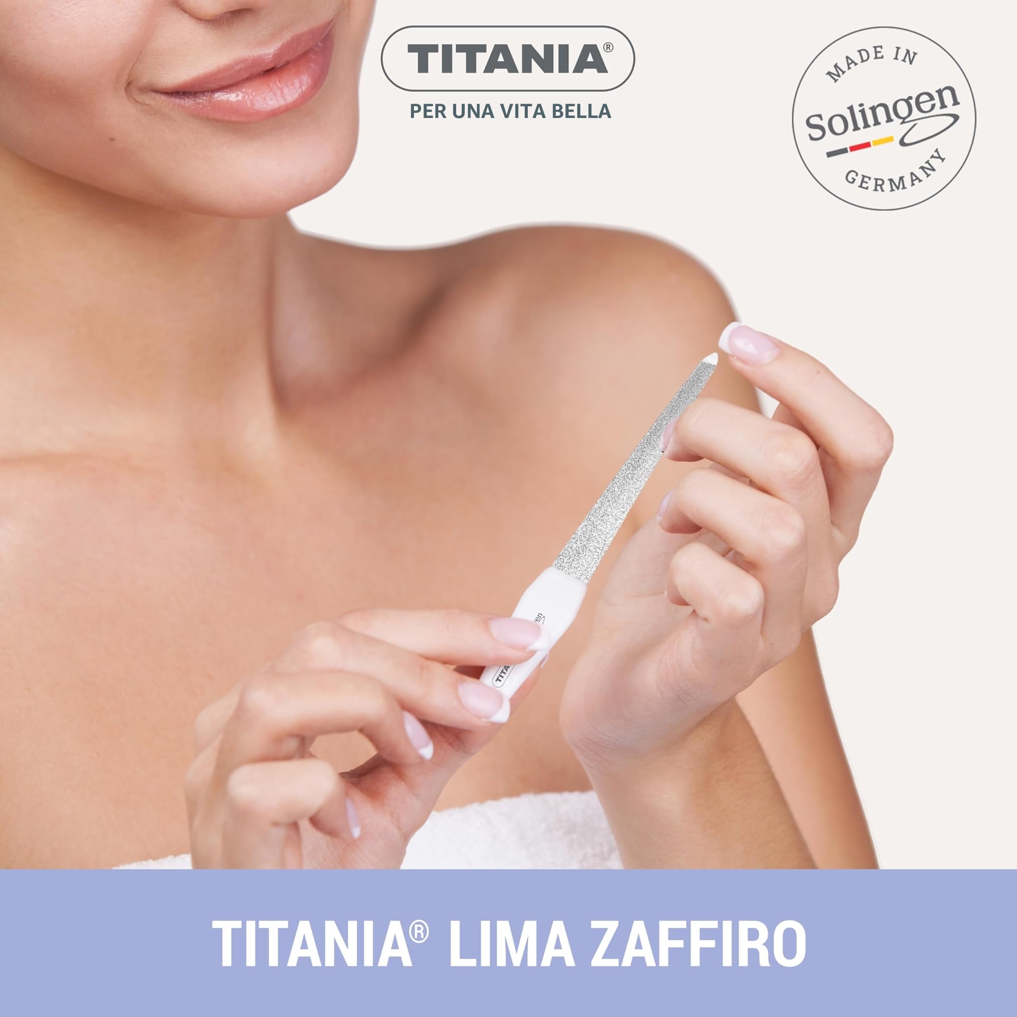 TITANIA® Solinger Saphir - Set di 4 lime per unghie professionali (12/15/17/20 cm) con manico bianco - Lima per unghie e unghie naturali - Lime di alta qualità per manicure e pedicure