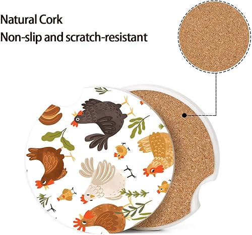Miniatura 6 de Portavasos para automóvil, lindos gallos y pollos absorbentes, base de corcho con muesca para el dedo, para un fácil movimiento del portavasos de
