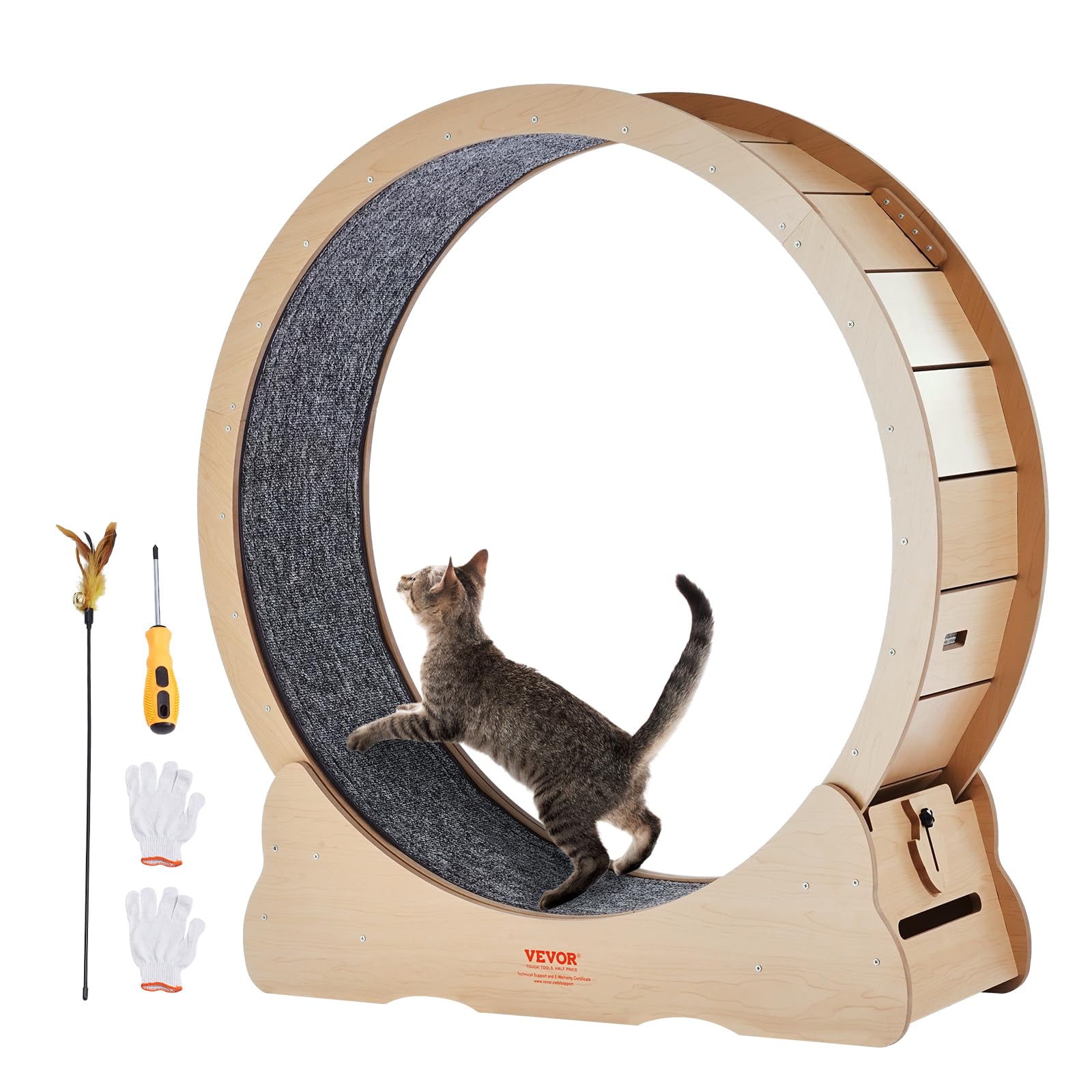vevor wooden cat exercise wheel, 43.3" large cat treadmill wheel for indoor cats, cat running wheel with detachable carpet & cat teaser for running/walking/training, suitable for most cats yellow