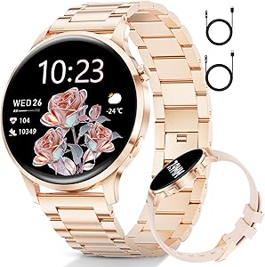 SUNKTA Women’s Smart Watch 7.9 mm Ultrathin 1.32 Inch AMOLED Call Bluetooth Steel Elegant Smartwatch for Android iOS, Heart Rate, Sleep Monitor, Pedometer, Calories, 100+ Sports Mode, Rose Gold