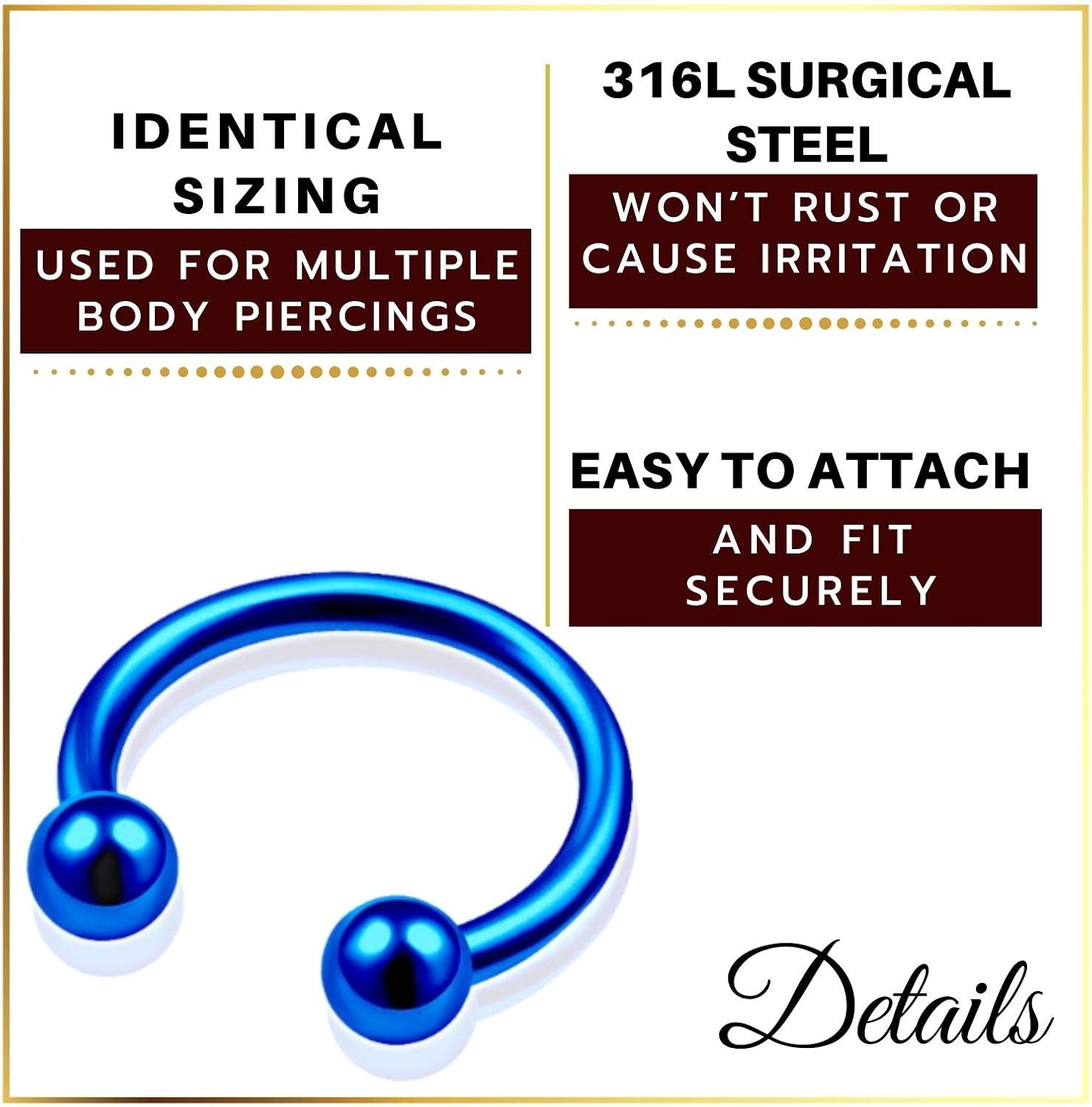 3Pcs Blue Anodized 1/4 6mm 18g spiked horseshoe barbell Piercing Jewelry Cartilage Septum Nose Tragus Eyebrow 3mm Ball M4536