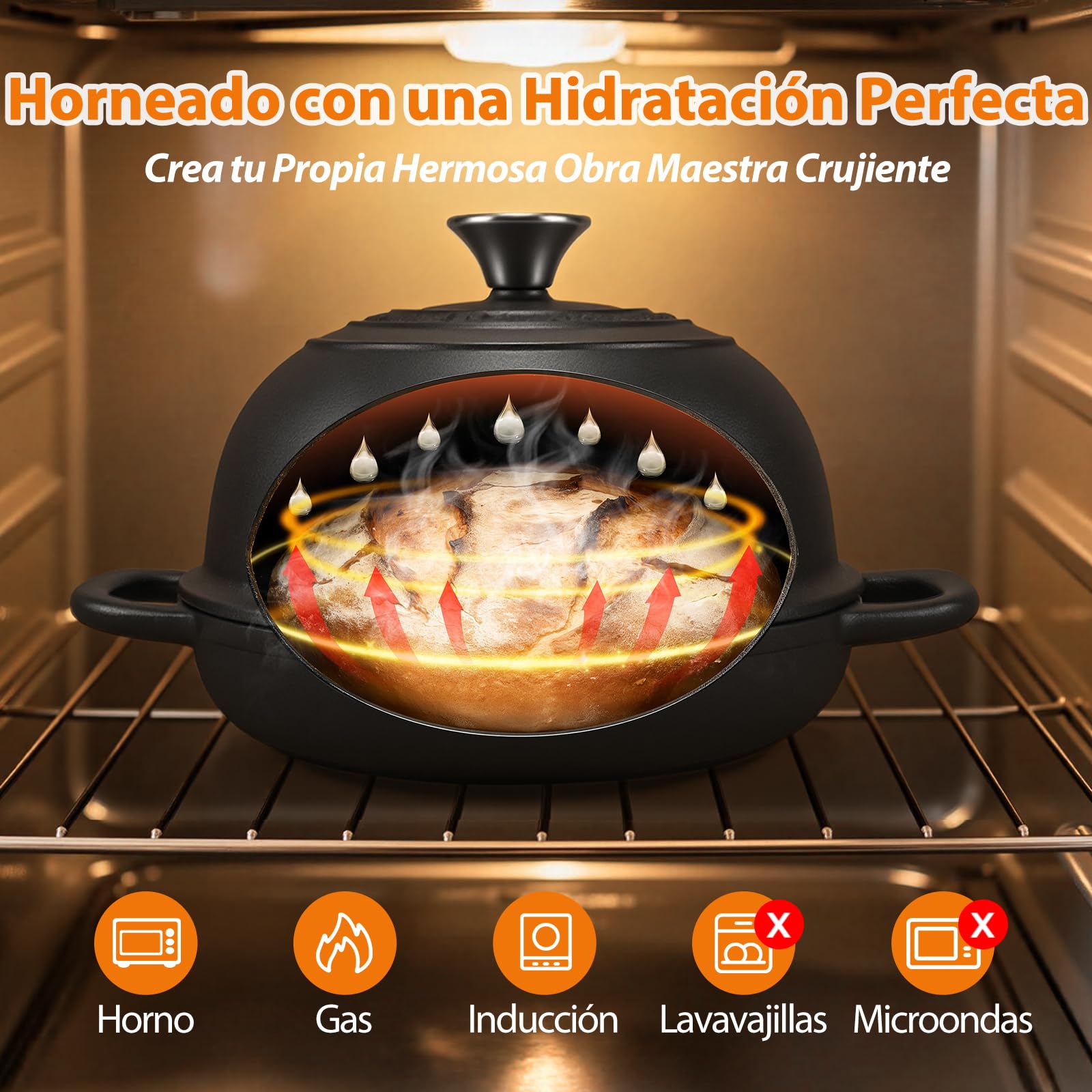 Olla de Hierro Fundido para Hornear Pan,4,7L Pre-Curtido Cacerola Holandesa con Tapa, 24cm Dutch Oven con Cesta de Fermentación, para Cocinar,Hornear,Estofar y Asar (Negro）