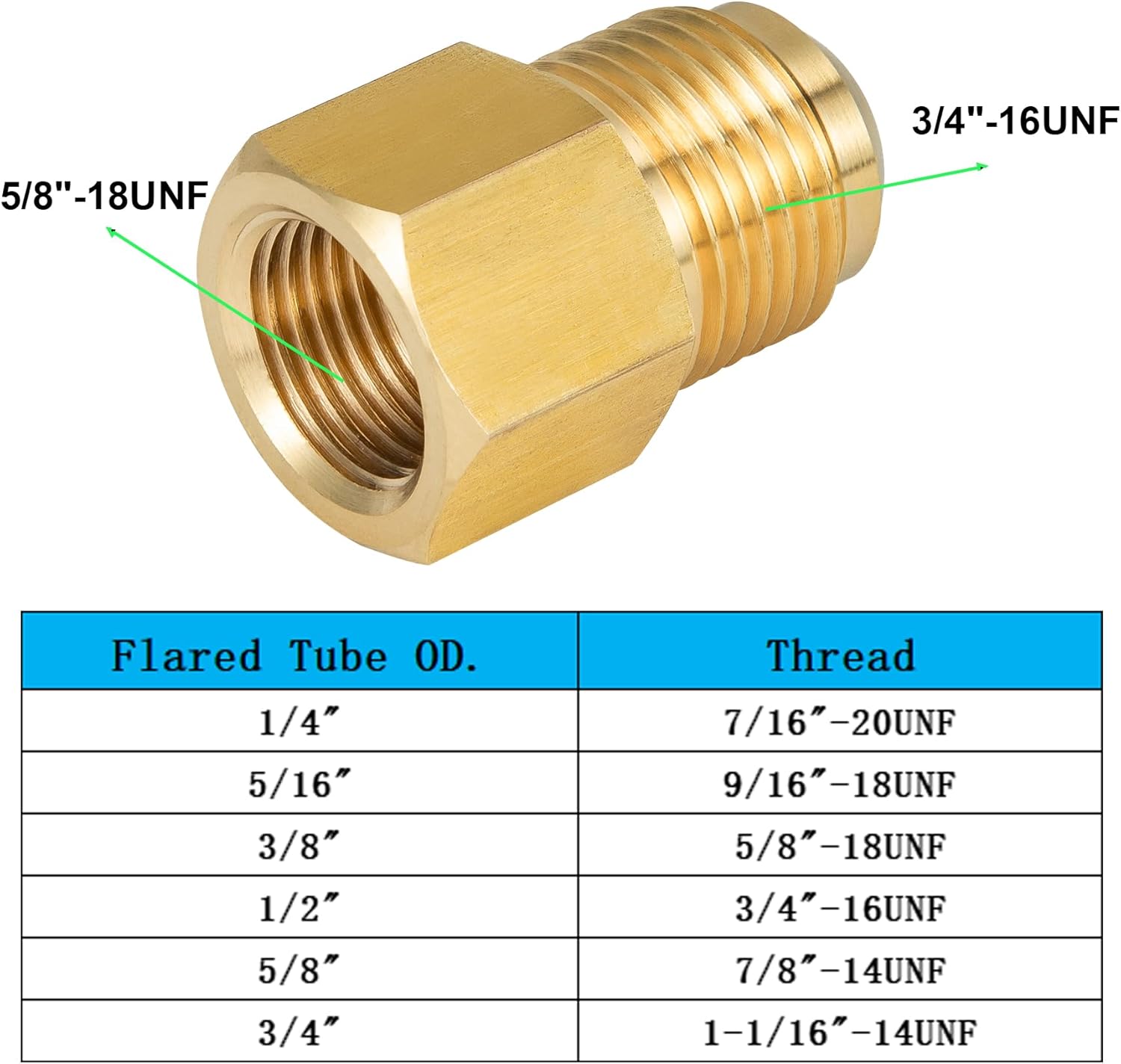 2pcs 3/8 Inch (5/8"-18UNF) Female Flare x 1/2 Inch（3/4"-16UNF）Male Flare Brass Adapter for fuel, oil, air, liquid petroleum (LP) and natural gas lines connections