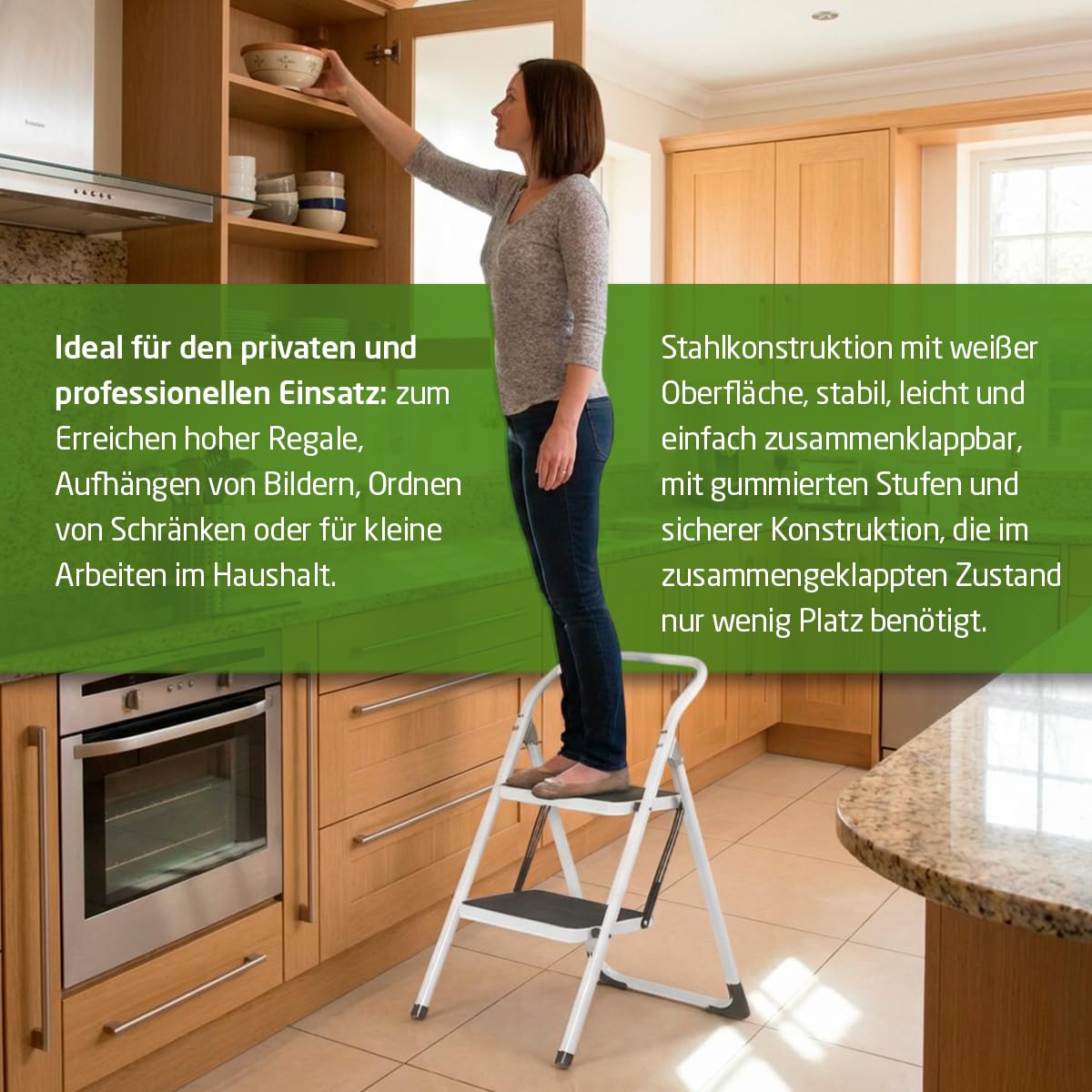 Amig – Klappleiter – Stahlhocker mit 2 rutschfesten Stufen – Maße: 77 x 59 x 48 cm – Maximale Belastung: 150 kg – Weiß Mit schwarzen Protektoren – Für den professionellen und privaten Gebrauch