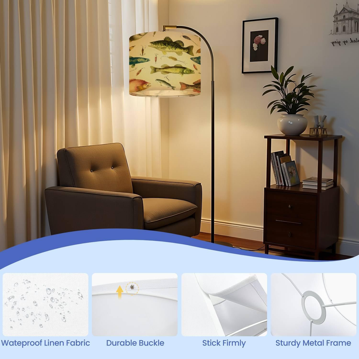 Linen Drum Lamp Shades 1 Pack, 13''Wx10"H, Vintage Fishing Lures Fish Illustrations Beige Replacement Lampshades for Floor Lamps Table Lamps Modern Farmhouse Lampshade Easy Assembly