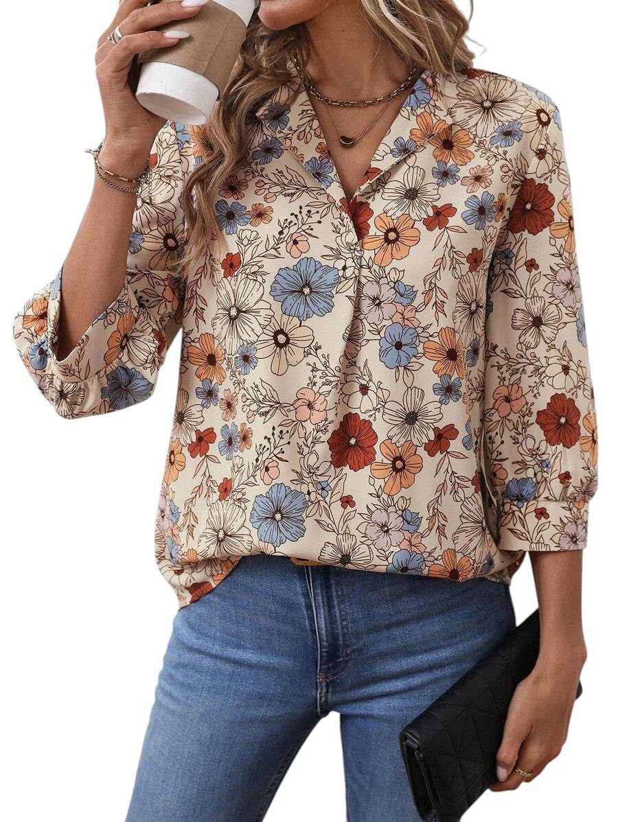 2story Women’s Floral Print V-Neck T-Shirt – Casual 3/4 Sleeve T-Shirt, Lightweight Loose Fit Top for Work, Office & Everyday Wear-picture-11