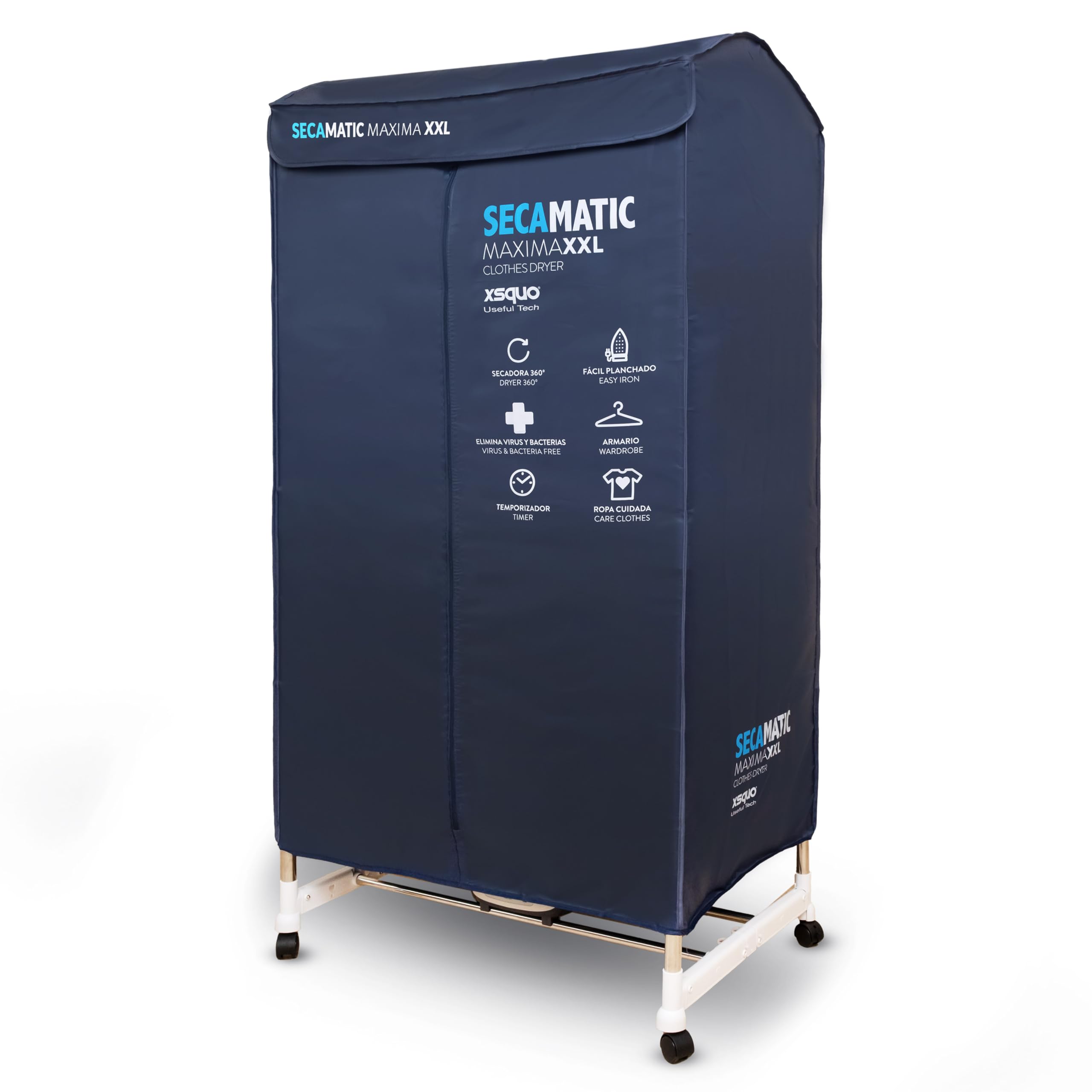 Secadora de ropa Secamatic XXL sin friccion,1500W, capacidad de Secadora 12 kg y 20 Kg de Tendedero y Armario con control remoto.Temporizador digital 180 min con funciones ECO/Turbo/Plus y Frio