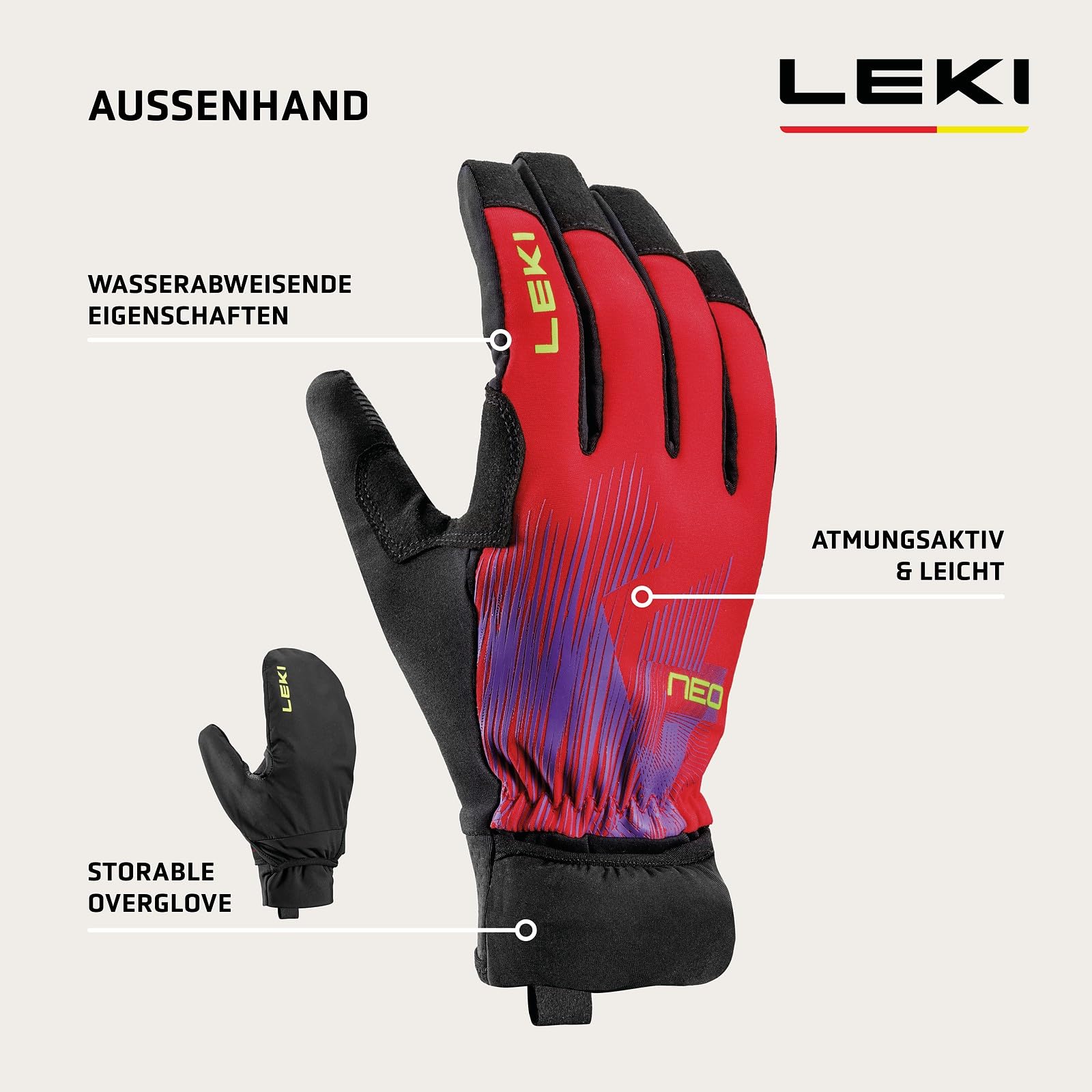 LEKI Neotrail Storm Trailrunning Handschuhe Damen & Herren | integrierter Überhandschuh für Regen | Größe 6.0-11.0 | atmungsaktive Running- und Laufhandschuhe