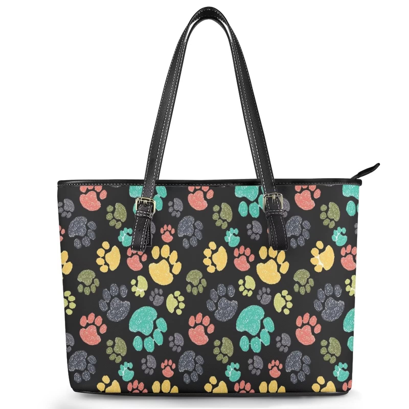 Howilath Personalizar su nombre Bolso Caballo Floral Beige PU Saddle Bag Casual Tote Bag Cuero Top-Handle Bag for Ladies, Patrón de huella de perro, Talla Unica