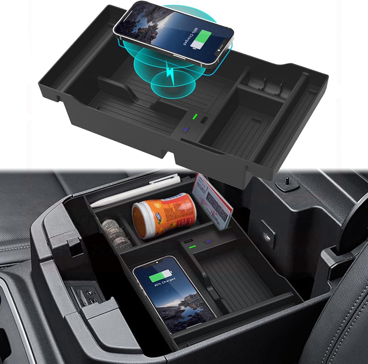 Wireless Car Charger Compatible with Chevy Silverado & GMC Sierra 1500 (2019-2022), 2500HD / 3500HD (2020 2021 2022) Center Console Accessory Panel, 15W Qi Fast Charging with USB QC3.0 Ports