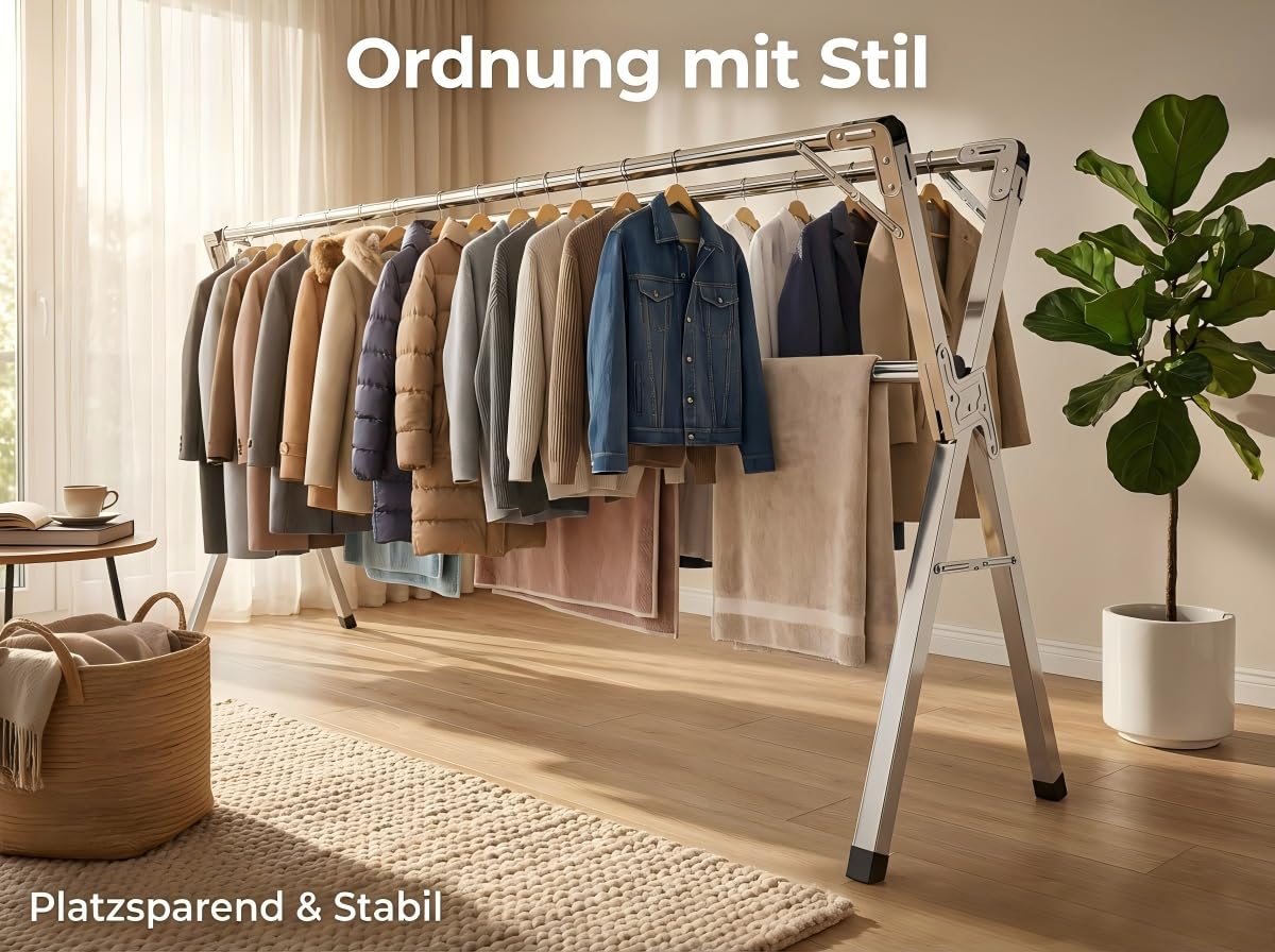 Wäscheständer aus Edelstahl klappbar, verstellbar 140–240 cm | Wäschetrockner Für Innen- und Außenbereiche, Jede Stange bis 60 kg belastbar, mit 40 Winddichte Kleiderhaken