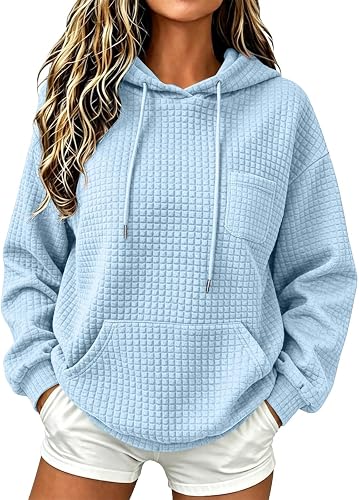 Womens Waffle Knit Hoodies Casual Relaxed Fit Hooded Sweatshirt with Pocket