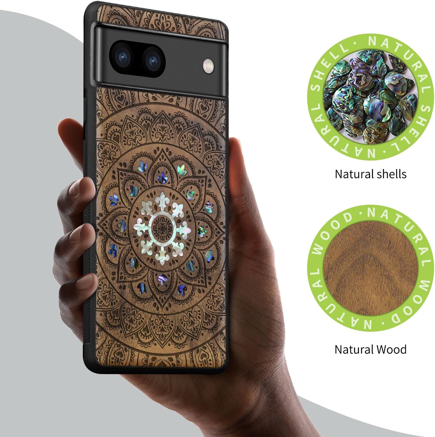 Carveit Designer Wooden Case for Google Pixel 8 Case Protective Cover [Wood Engraving & Shell Inlay] Compatible with Wireless Chargers Pixel 8 (Mandala Floral-Walnut)