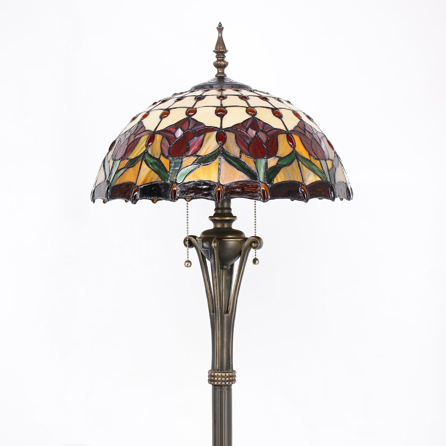 Tiffany Floor Lamp Red Amber Stained Glass Tulip Flower Standing Reading Light 16X16X70 Inches Antique Pole Corner Lamp Decor Bedroom Office Living Room