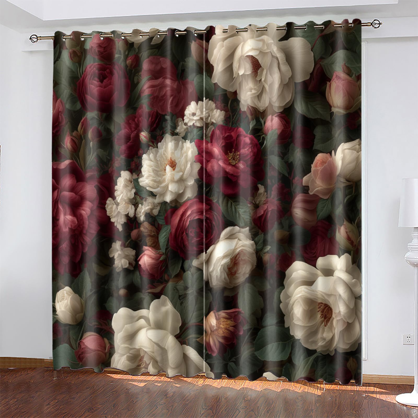 Wazylphin Blackout Eyelet Curtains Green Leaves Beige Thermal Blackout Curtains for Bedroom Living Room Black Out Curtain Reduce Noise Eyelet Curtins Durable Polyester Thick Window Curtain 2x75x166cm