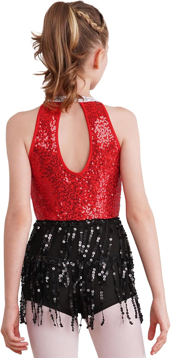 Kids Girls Shiny Latin Jazz Salsa Dance Fringe Tassel Dress Sleeveless Leotards Bodysuit Disco Party Costume