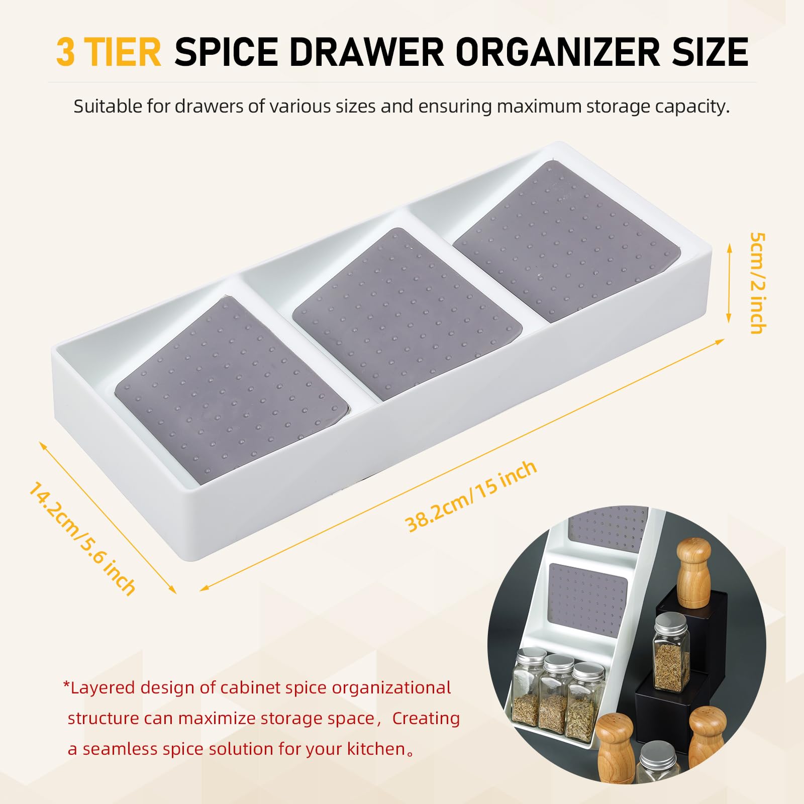 ideamake Spice Drawer Organizer, 3 Tier Non-Slip Silicone Seasoning Jars Drawer Insert, Spice Rack Organization for Drawer, Kitchen Spice Rack Tray for Cabinet Countertop Makeup Storage-1 Pack