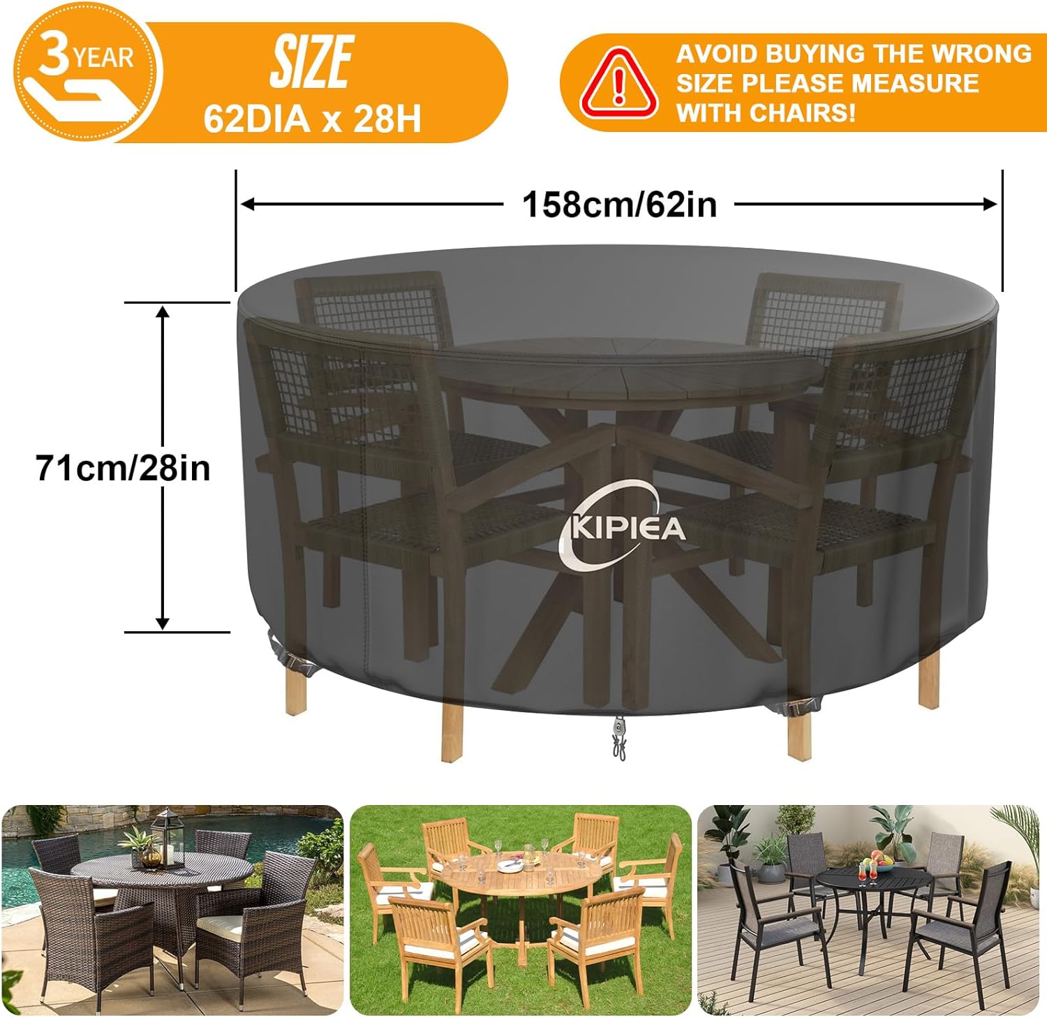 Kipiea Round Patio Table Cover Waterproof, Heavy-Duty Round Patio Furniture Covers, No Tears Anti UV No Fading (62" Dia x 28" H)