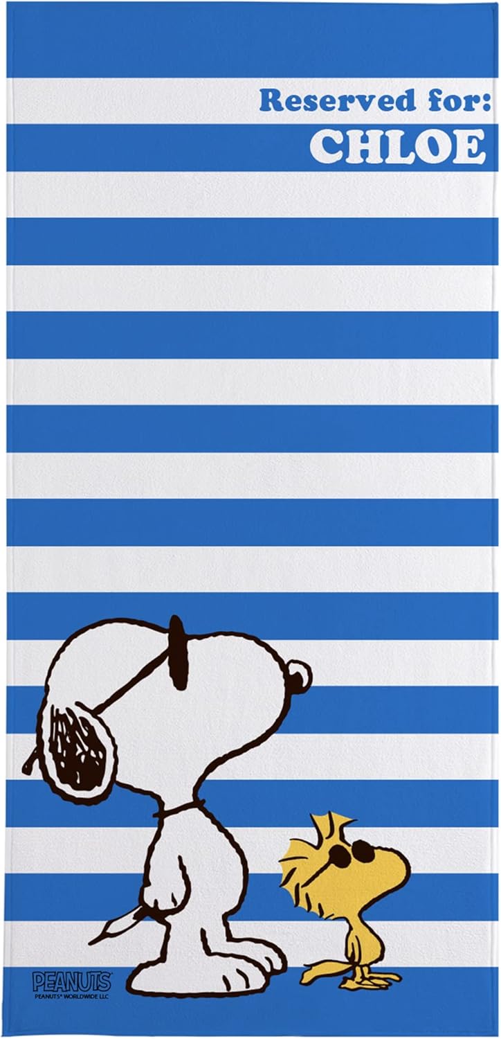 Let's Make Memories Personalized Beach Towel - Customized Pool Towel - for Spring Break & Summer Fun - Oversized (35”x70”) - Peanuts Cool Blue Stripes