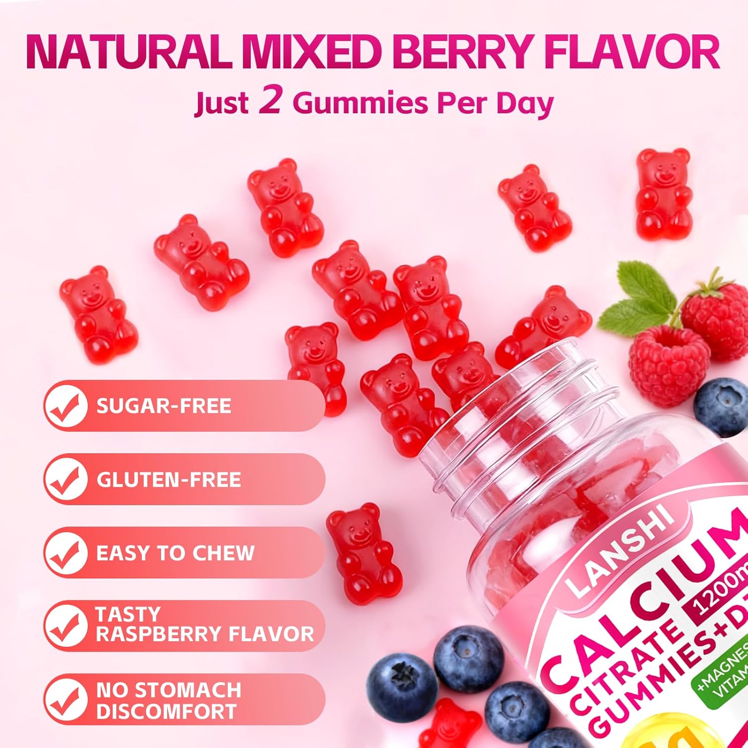 Calcium Citrate Gummies 1200mg with Vitamin D3 & K2 Supplements for Women & Men, High Absorption Calcium Gummies Plus Magnesium, Zinc for Strong Bones & Immune Support Mixed Berry Flavor, 2 Pack