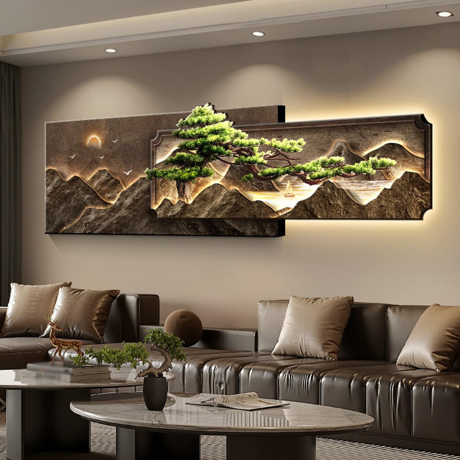 Fresque murale 3D en grès pour illuminer un salon sombre paysage moderne LED