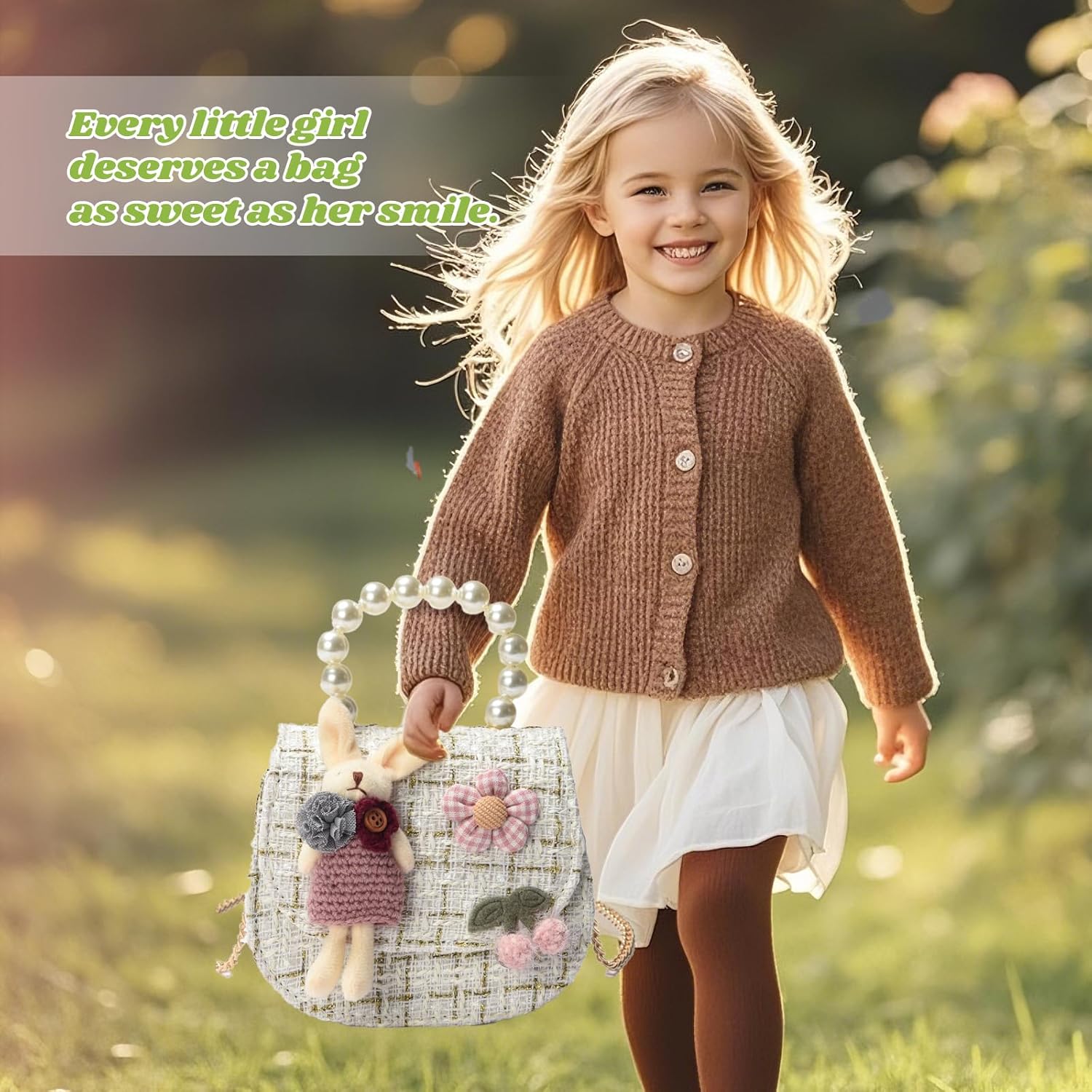 Girls Princess Purses Cute Bunny Toddler Crossbody Bag Handbag with Pearl Handle Shoulder Chain Bag - Image 2