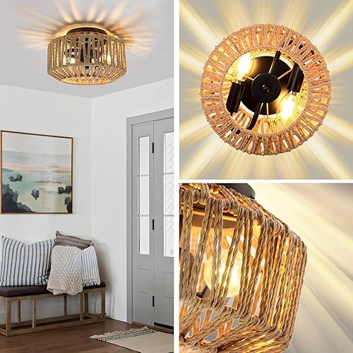 Miniatura 3 de Paquete de 2 lámparas de techo bohemias, 2 luces tejidas a mano de ratán de montaje empotrado, estilo bohemio de granja para cocina, baño,