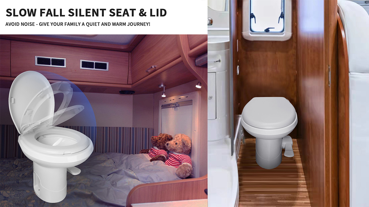 Mupera RV Toilet Kit – Upgraded T-Type Outlet, Gravity Flush, Damping Slow-Close Seat, Foot Pedal Flush For Motorhome & Camper