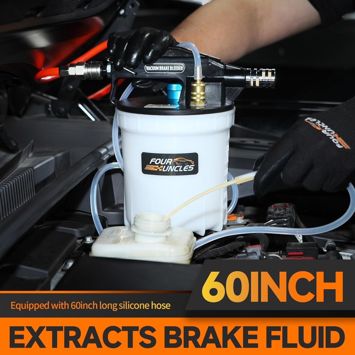 four uncles 2l brake bleeder vacuum pump kit - pneumatic brake fluid extractor with 1l refilling bottle & adapters for automotive bleeding, one-person operation 2l+adapters