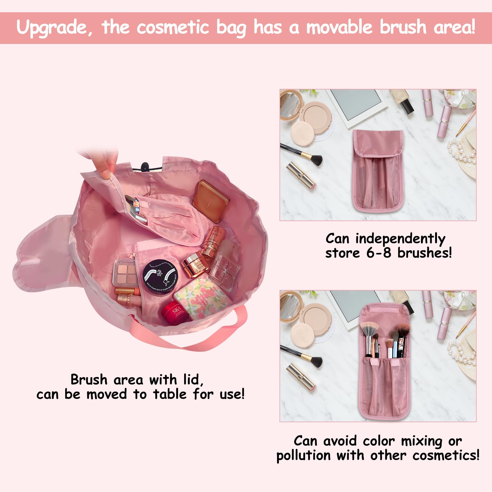 Drawstring Cosmetic Bag for Women - Barrel Drawstring Makeup Bag Lay Flat for Travel Toiletry Bag with Brush Bag (Pink) - Image 3