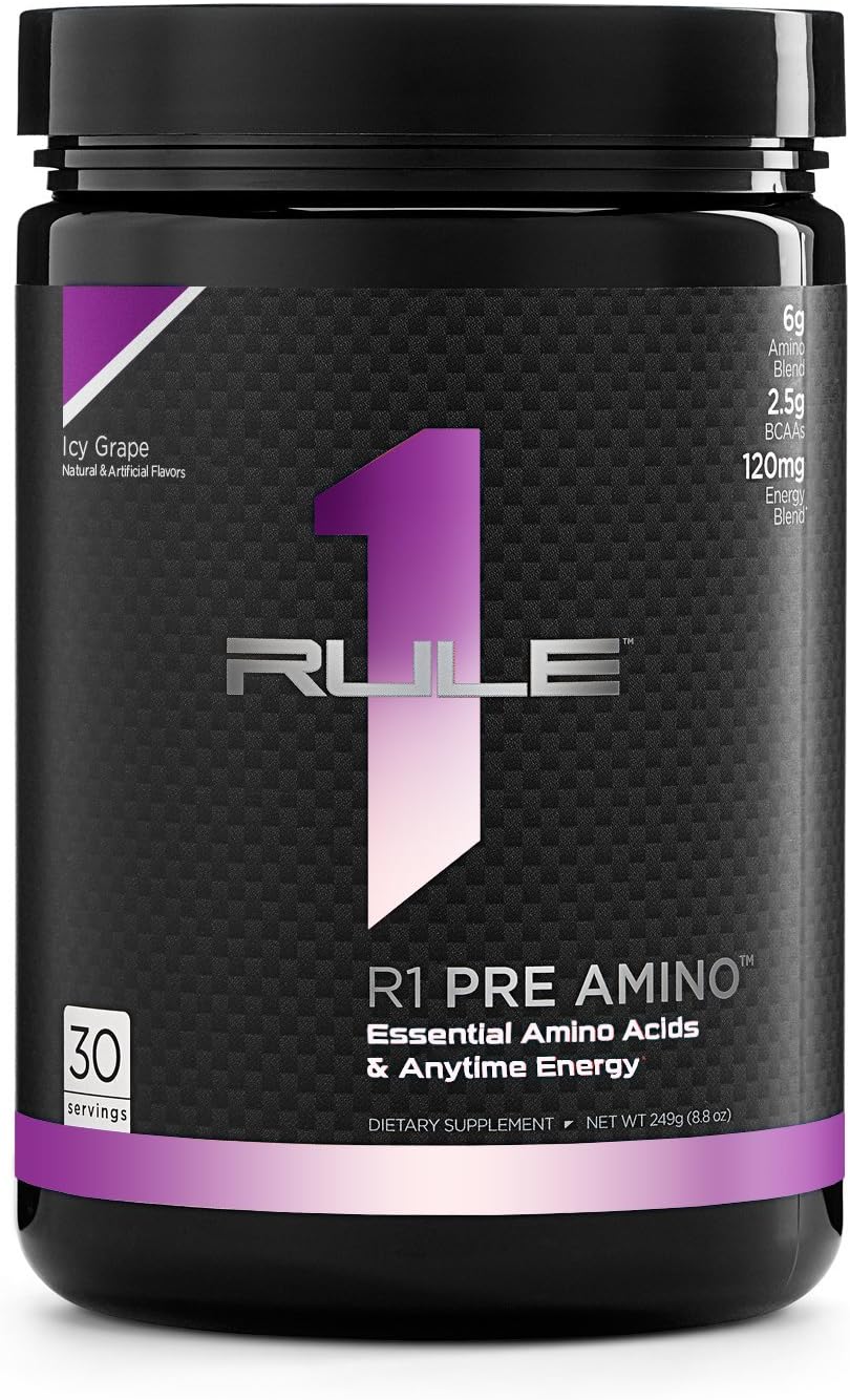 Rule1 1 Pre Amino Icy Grape| Essential Amino Acids & Anytime Energy| 6g Amino Blend 30 Servings (252 grams)