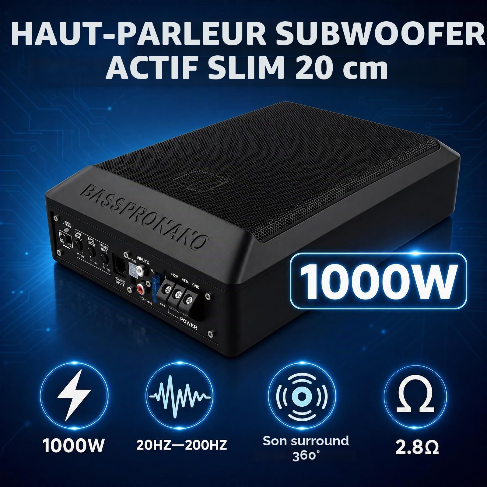 SIXWIN Caisson de Basses Actif 1000W – Subwoofer Plat 8 Pouces pour Voiture avec kit de Câblage Amplificateur, 20–200 Hz, 2,8 Ω, 12V, Subwoofer Compact, Basses Profondes