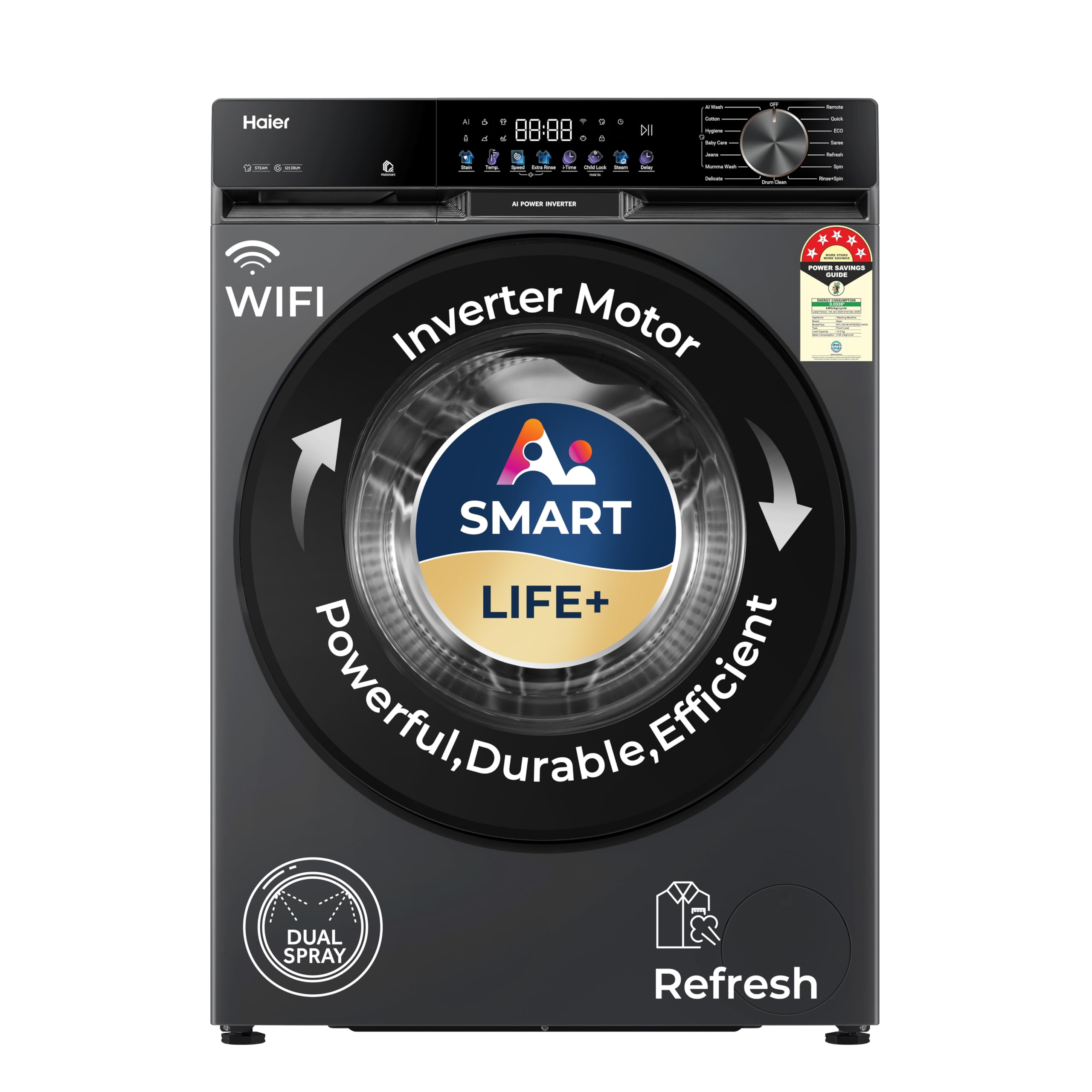 Haier 10Kg,5 Star,AI Smart LIFE+,Vibrant Touch Panel, 525 mm Super Drum, Refresh,WiFi enabled,Fully Automatic Front Load Washer(EFL100-IM14F5ES8U1 | Dark Jade Silver)-image-17