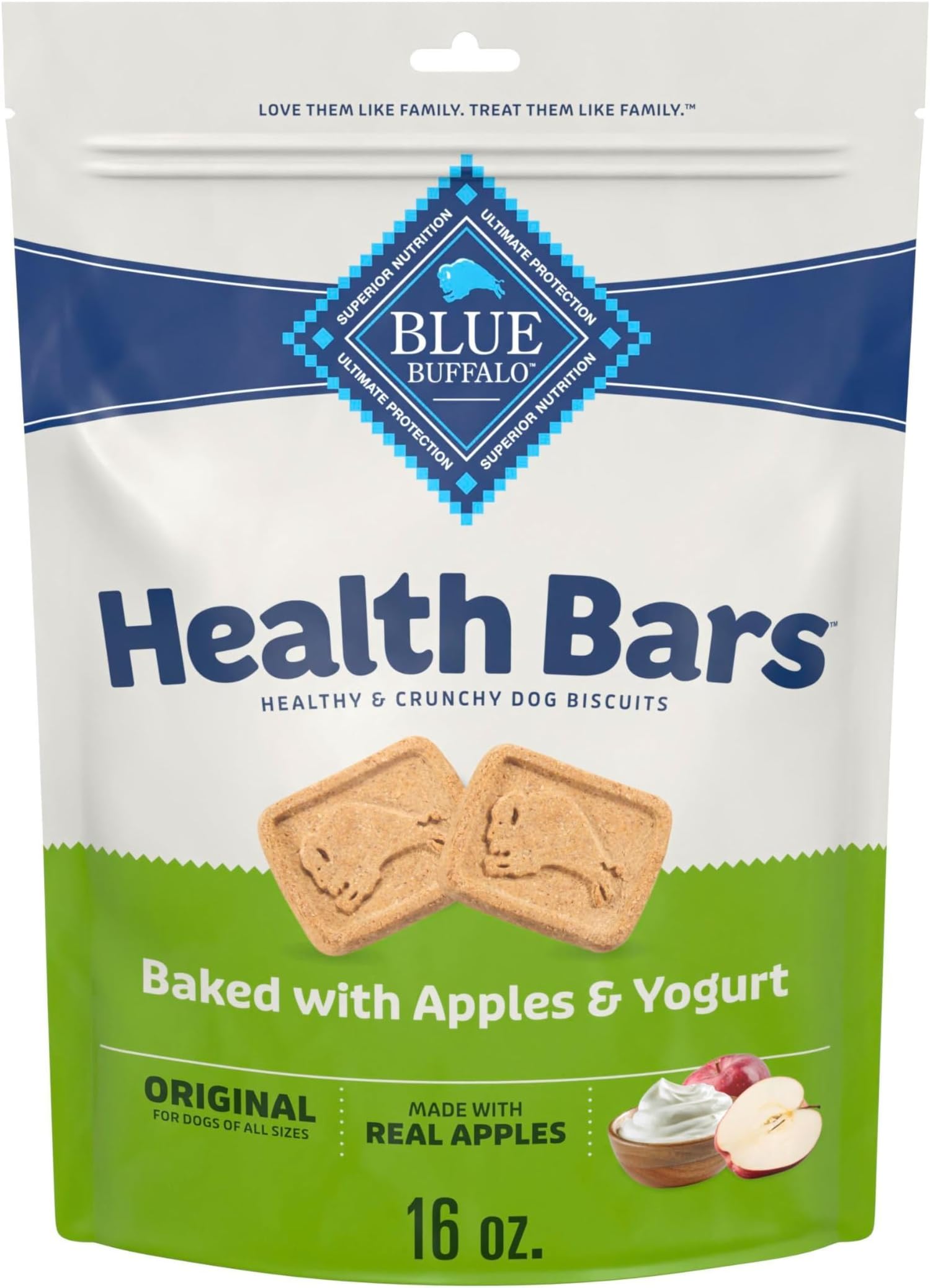 Health Bars Crunchy Dog Biscuits, Oven-Baked with Natural Ingredients, Apples & Yogurt, 16-oz Bag