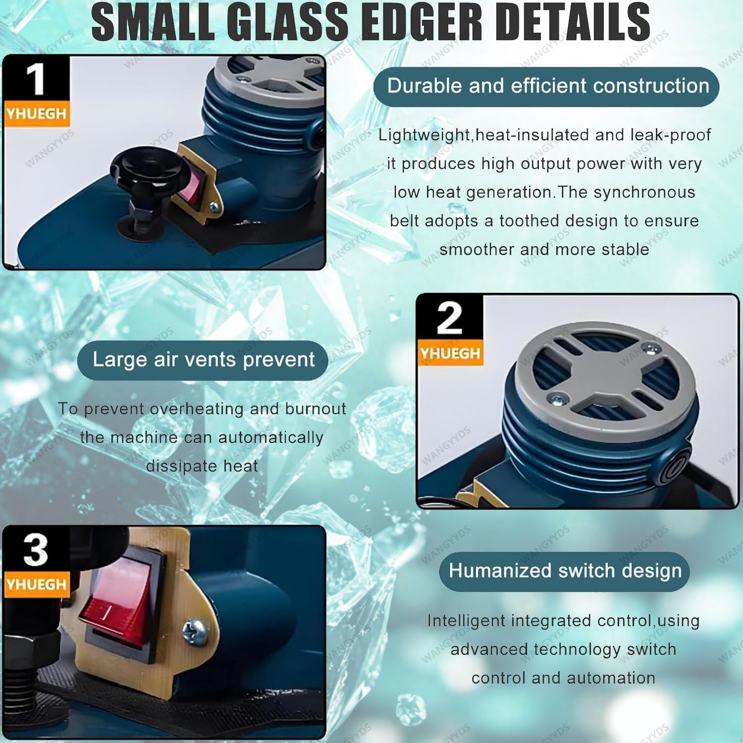 Canteadora De Vidrio Portátil Pequeña, Pulidora De Bordes Eléctrica para Plexiglás, Acrílico, Mármol Y Cerámica con 8 Ruedas De Diamante Y 2 Discos De Pulido Blue