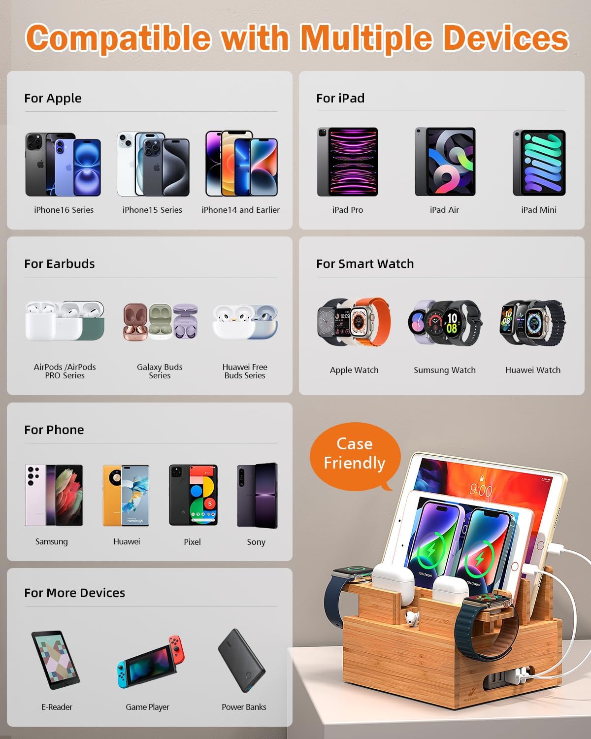 Pezin & Hulin Bamboo Charging Station for Multiple Devices, with Power Charger, Wire Cables 5 Pack, Compatible with Multi Phones & Tablet, for Earbuds & Smart Watch