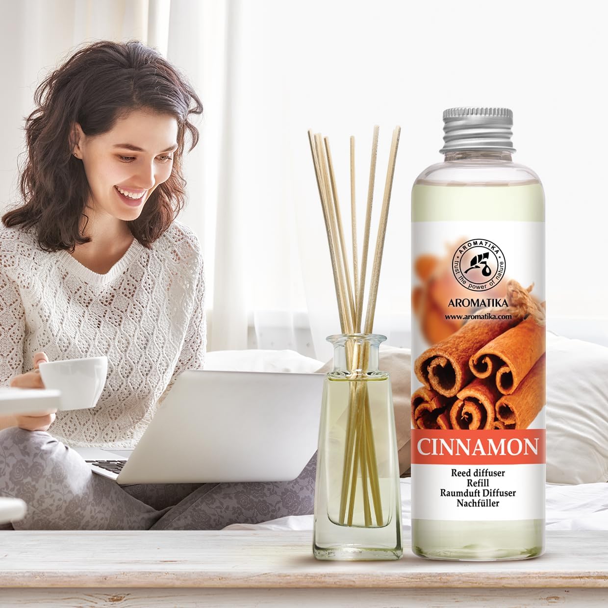 Cinnamon Reed Diffuser Refill with Natural Essential Cinnamon Oil 6.8 Fl Oz - Fresh & Long Lasting Fragrance - Reed Diffuser Oil Refill for Aromatherapy - Home - Fitness - Boutique