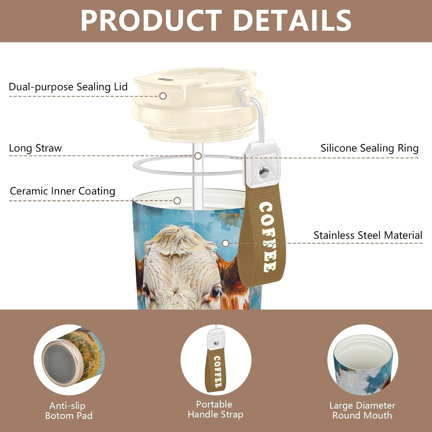 Barn Cow Rustic Vintage Insulated Coffee Mug with Straw & Flip Lid, 16.9oz Iced Tumbler Cup, Double Wall Vacuum Leak-Proof Mug for Travel Office